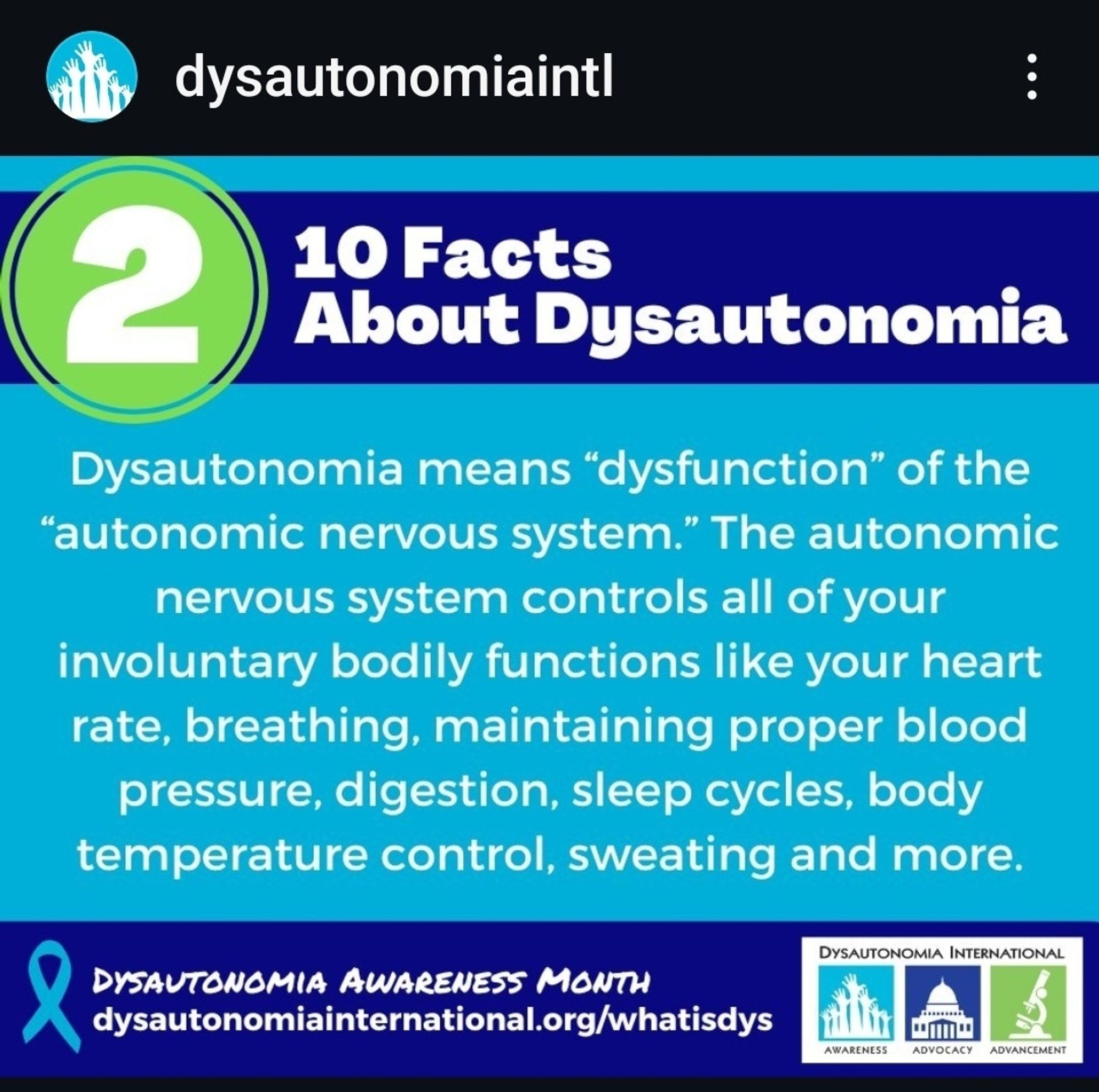 2

10 Facts About Dysautonomia

Dysautonomia means "dysfunction" of the "autonomic nervous system." The autonomic nervous system controls all of your involuntary bodily functions like your heart rate, breathing, maintaining proper blood pressure, digestion, sleep cycles, body temperature control, sweating and more.

dysautonomiainternational.org/whatisdys

Dysautonomia International Logo
A white rectangle has the words Dysautonomia International in black writing.
Underneath the title are three squares. The words are in black text underneath each square.
first Awareness - a group of white hands stretching upwards on a turquoise background 
second Advocacy
A white USA style government building on a dark  blue background 
Third Advancement
A  white microscope on a lime green background