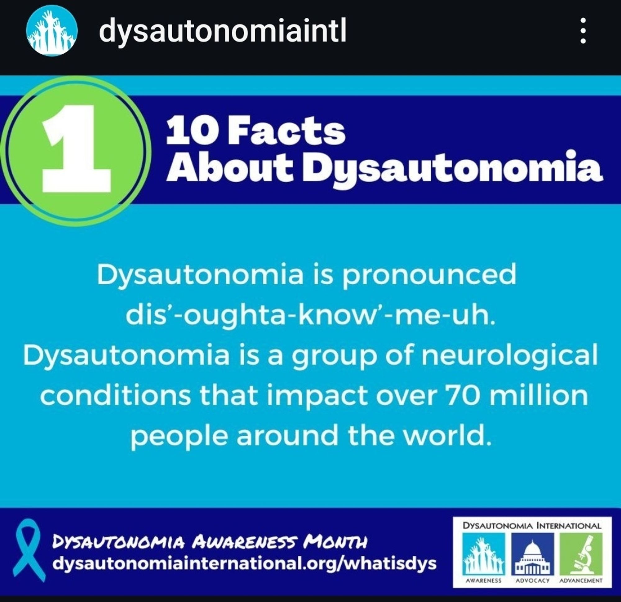 On a turquoise background it says Dysautonomia is pronounced dis'-oughta-know'-me-uh.

Dysautonomia is a group of neurological conditions that impact over 70 million people around the world.
Above and below the words are dark blue stripes.
In the top stripe it says 10 Facts about Dysautonomia with the number 1 in a large green circle.
St the bottom is the turquoise ribbon symbol and it says Dysautonomia Awareness Month and the website Dysautonomiainternstio al.irg/whatisdys and then the Dysautonomia International logo
Awareness advocacy and Advancement