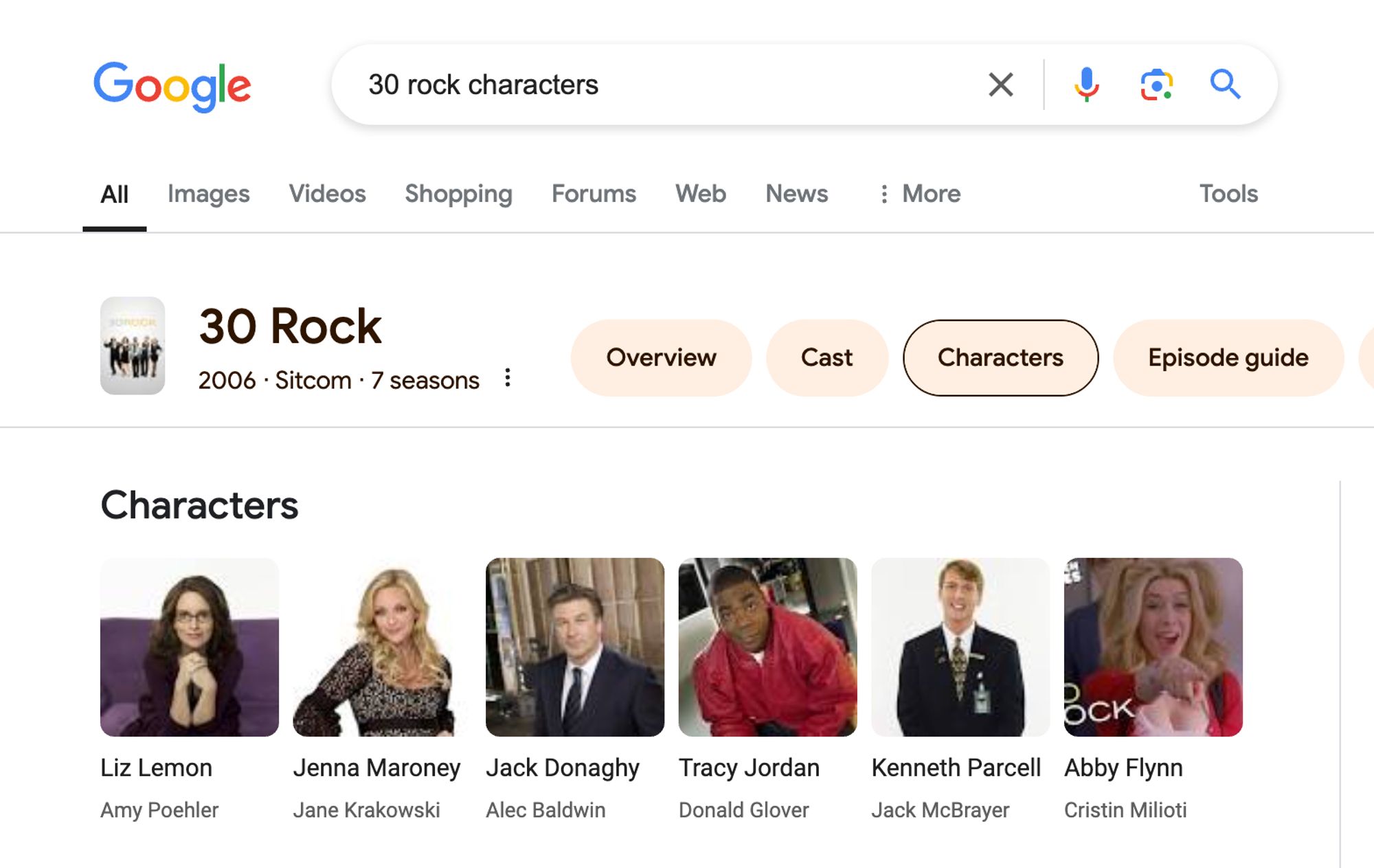 Google results screen for "30 rock characters" that lists wrong information