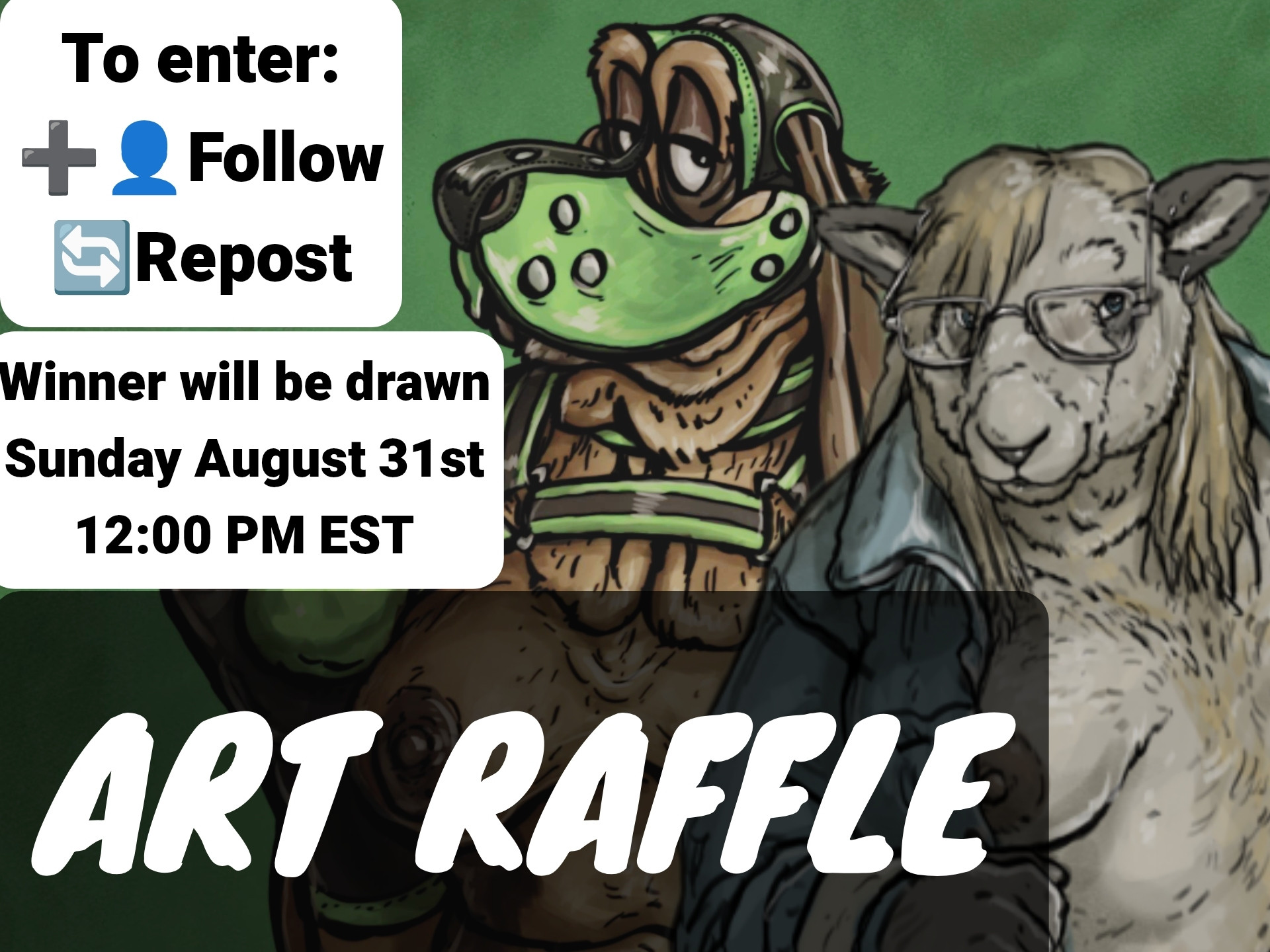 - Winner will be drawn on Sunday August 31st, 2025, 12:00 PM EST
- Repost this post and be following me to enter
- Have your DMs open so i can contact you if you win, or provide another means of private conact to me after announcing you win
- 18+ years old only to enter

-Drawing can be NSFW or SFW
- Single furry character illustration 
- Can either be a toony style picture or a sketchy illustration in my more typical style. Advert illustrations only approximations
- No edits to the picture. I will work within your initial prompt and reference, but otherwise have creative freedom
- if i am not comfortable drawing your request i will either have you pick a different concept/character or draw a new winner if there is no agreeable concept
- you can post the picture on your own accounts, use as profile pictures or similar personal uses
- i reserve the right to use the illustration for my own printed materials if I desire
- No guaranteed date to finish the picture although i do not anticipate it taking a significant amount of time

Thanks!