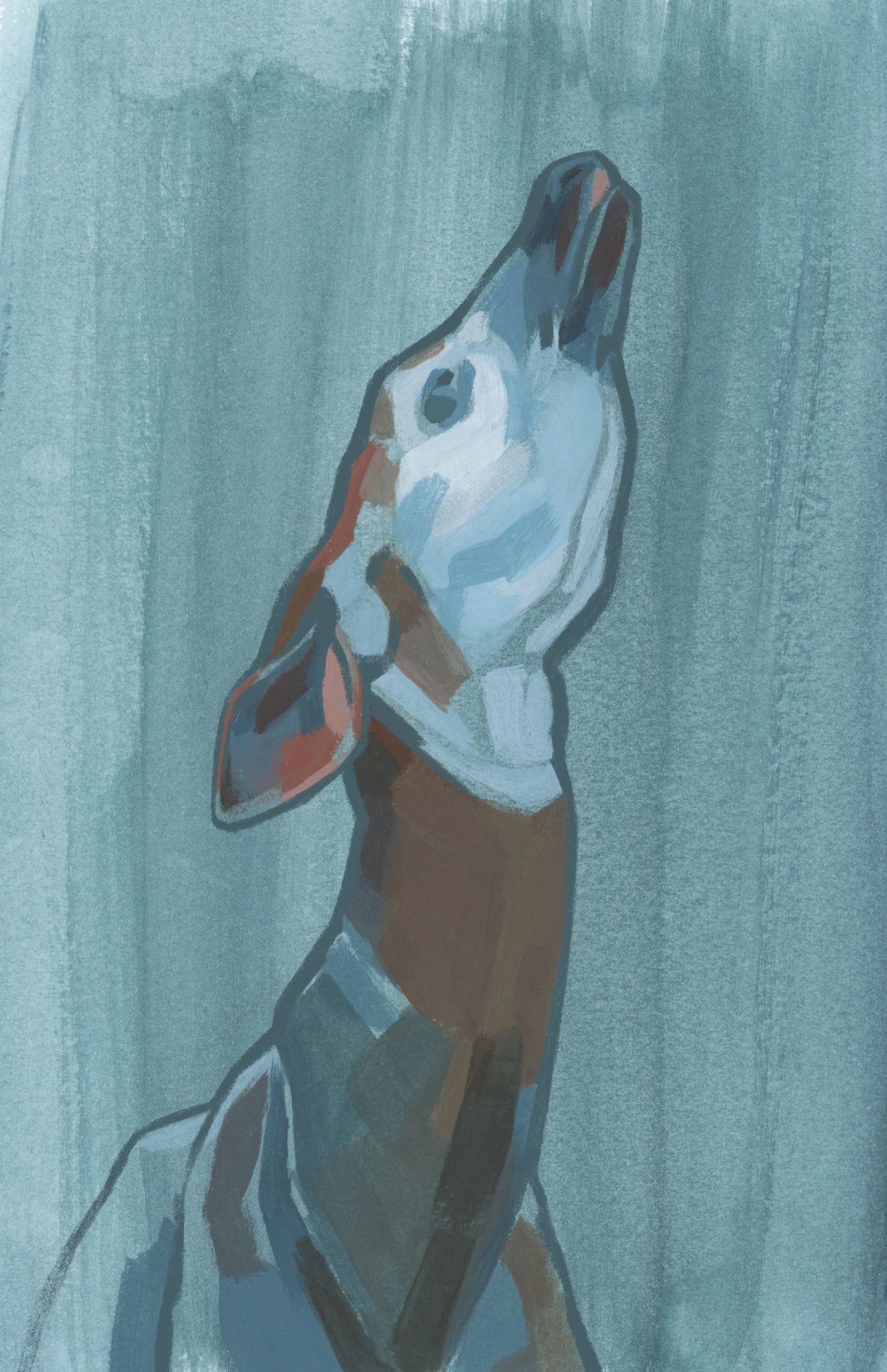 An illustration of an okapi, showing the raised head and neck of the animal. The style is loose and sketchy. The background is a muted blue colour. The animal shows the typical brown and white markings, with some blue areas shading the body.