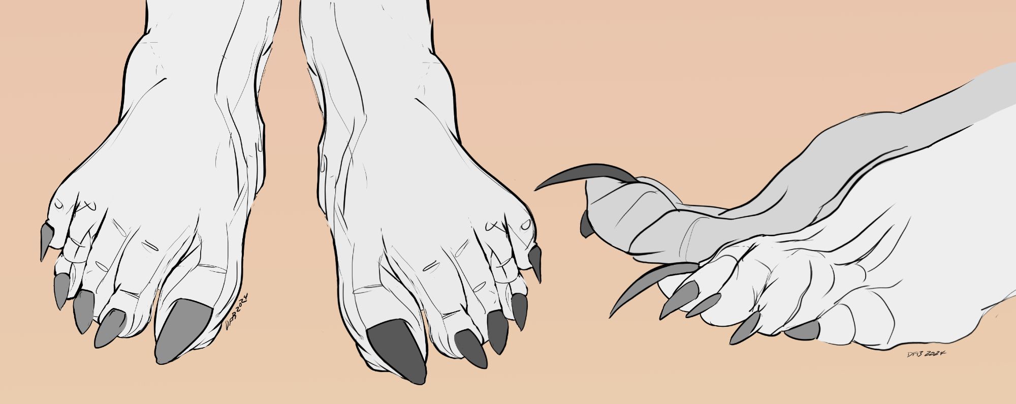 The prior two pictures colored in gray and white..  Lost has black nails so I keep experimenting with that.  I think if I took these and made them more sinewy and added 50% more cat I'd be 95% of the way to dragon.

I will draw feet until all I see at night is feet.