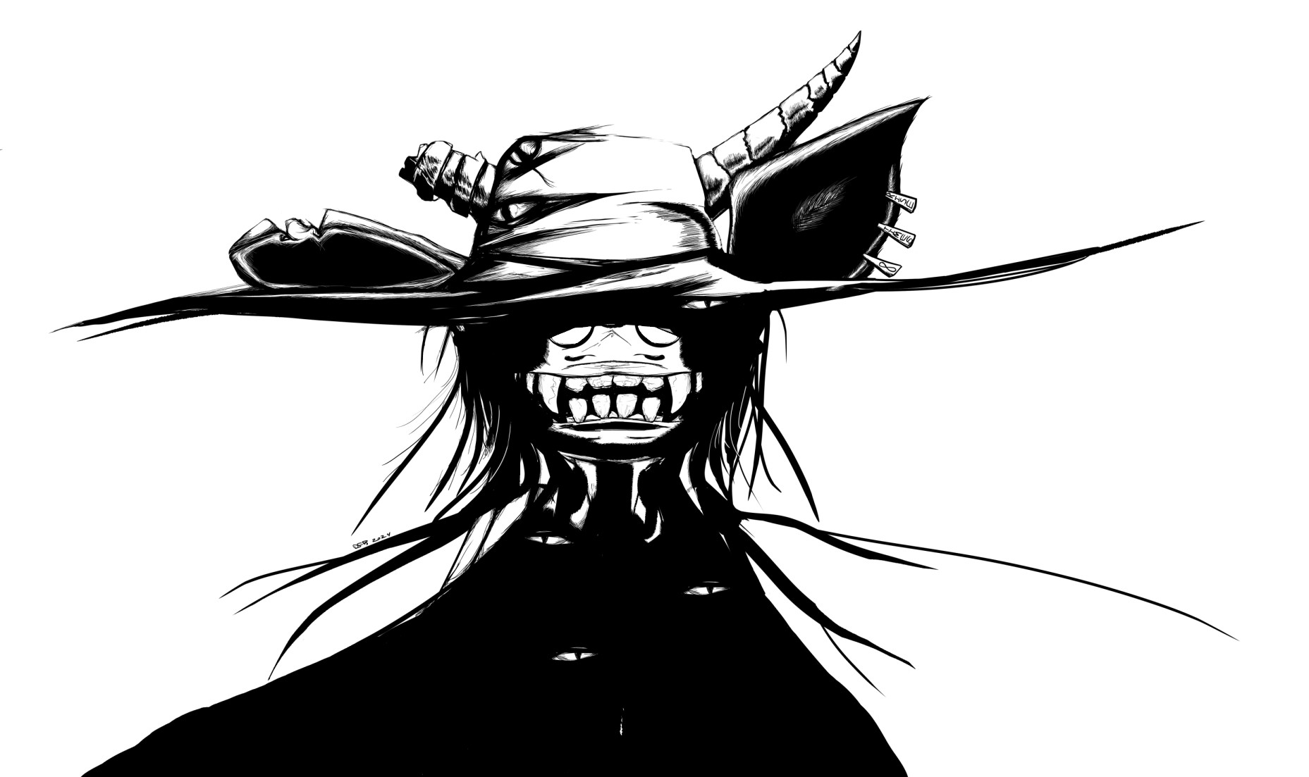 So here we have some very dark inks a broad brimmed hat, huge ears, and a big toothy mouth sticking out.  Two horns come out of the hat and then there's a bunch of hair going about.  

I was going for a dragony- Alucard