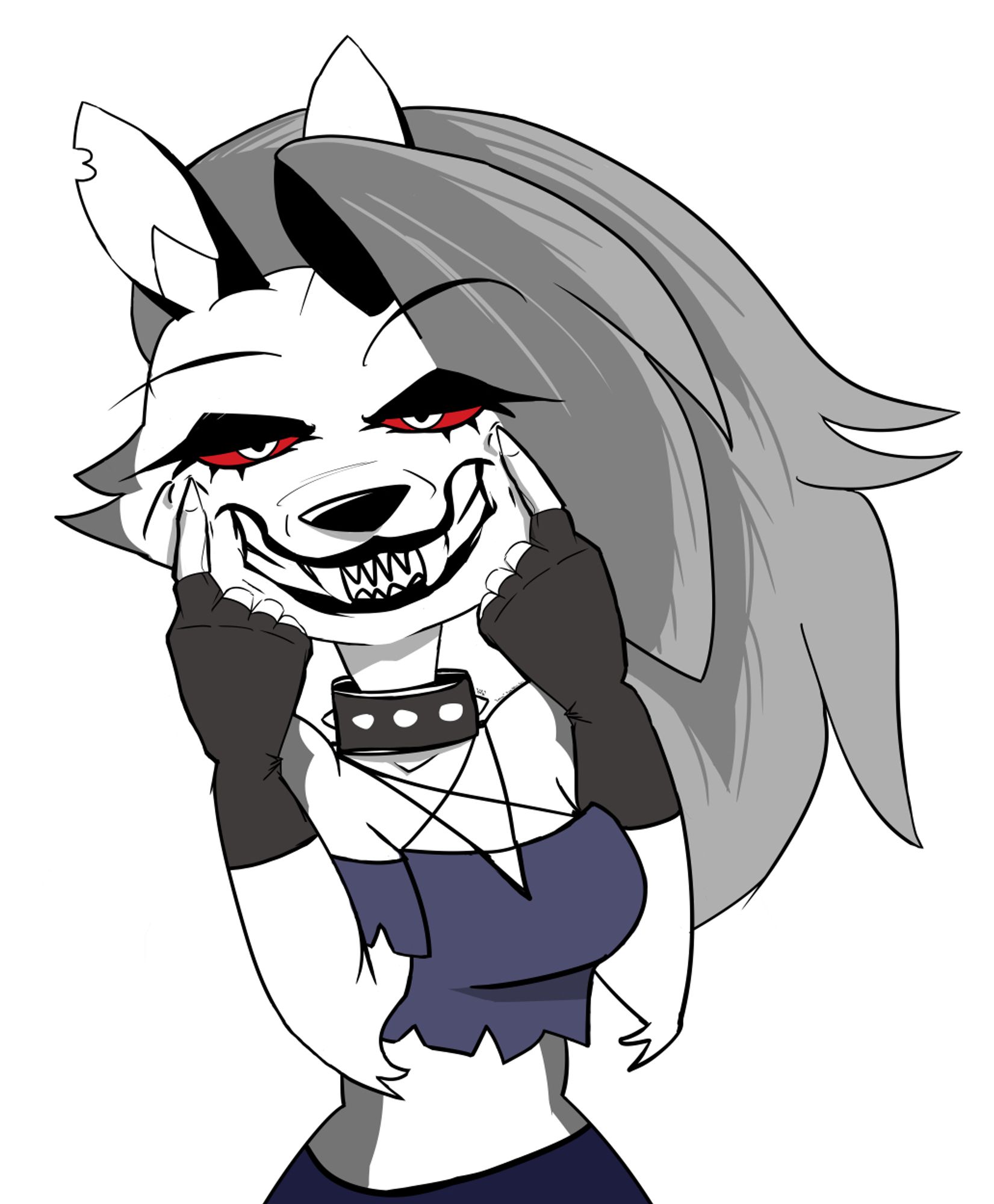 A black and white wolf (hell hound): anthro stands with both hands on her mouth shifting her mouth up into a forced smile as she looks at the viewer with eyes that aren't laughing.  She has a pentacle strap crop top, black collar with nubby spikes, fingerless gloves, gray hair, a mini-dress, and more boob than she ever has in the show (oops:).