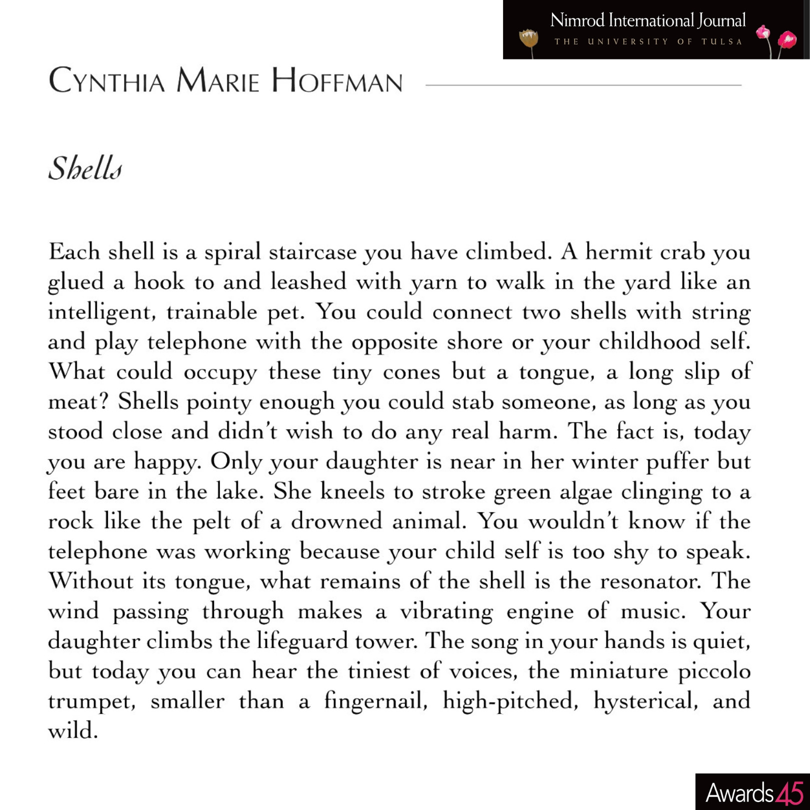 Text of the prose poem "Shells" by Cynthia Marie Hoffman, which starts, "Each shell is a spiral staircase you have climbed."