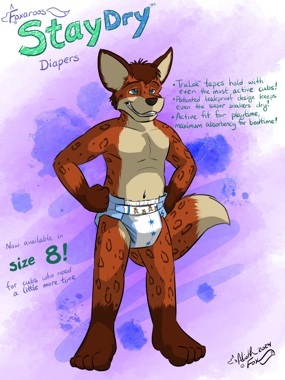 A picture of Kam wearing just a white disposable diaper with blue accents and teddy bears on the taping strip, standing with his paws on his hips for an ad for Foxaroos StayDrys Diapers. The text reading "Foxaroos StayDry diapers" top left, then top right "TruLok Tapes hold even with the most active cubs! Patented leakproof design keeps even the super soakers dry! Active fit for playtime, maximum absorbency for bedtime!" and then bottom left 'Now available in size 8! for cubs who need a little more time"