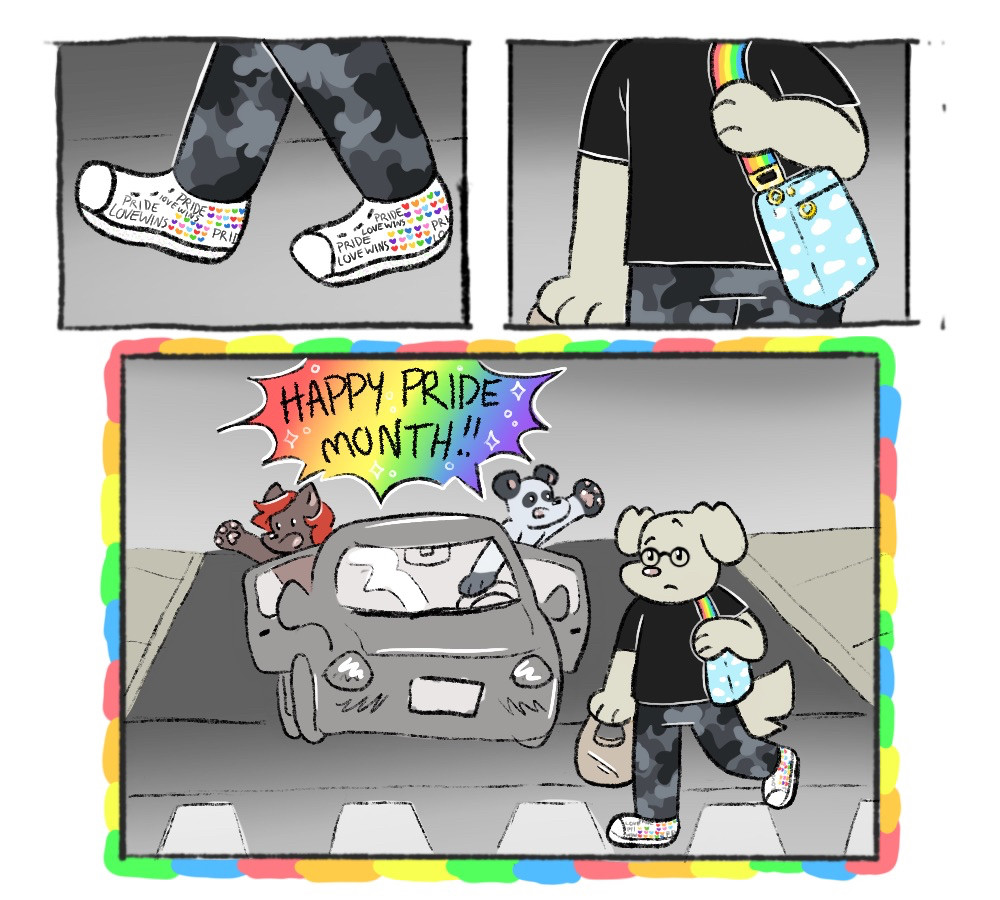 comic panel 1 shows shoes with rainbow hearts and “love wins” and “pride” on them
panel 2 shows a purse with a blue cloudy bag and a rainbow strap
panel 3 shows 2 people leaning out of a car, shouting “happy pride month” at me walking by 🏳️‍🌈