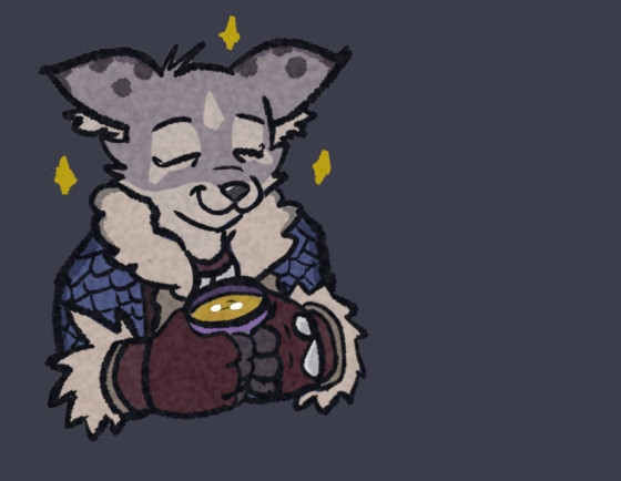 A sleepy looking vulpera holding a small bowl with a drink