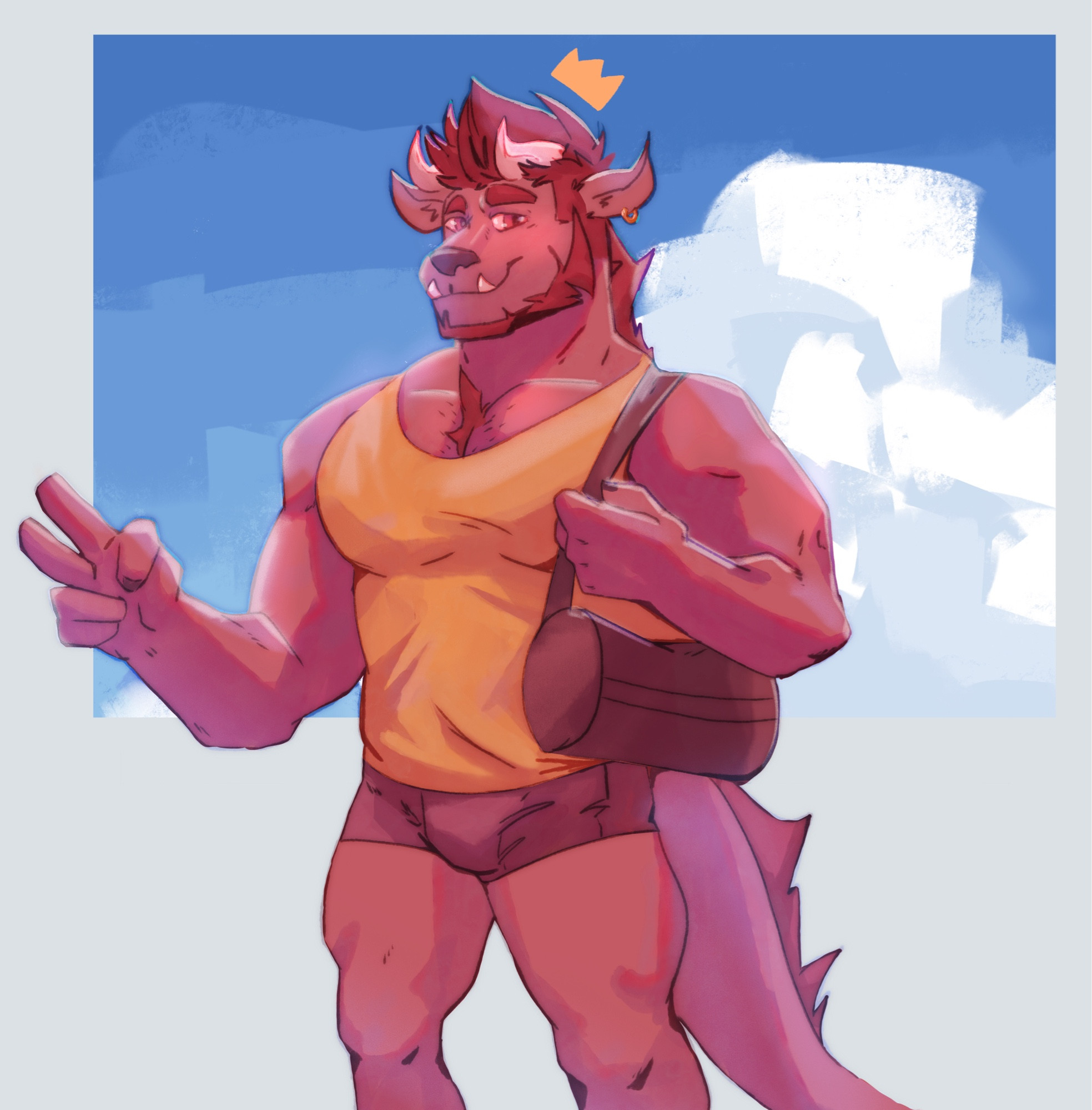 Mataeus, a buff red behemoth on his way to the gym with suns and a cloud in the background wearing a yellow tank top and black shorts, holding a gym bag and greeting you