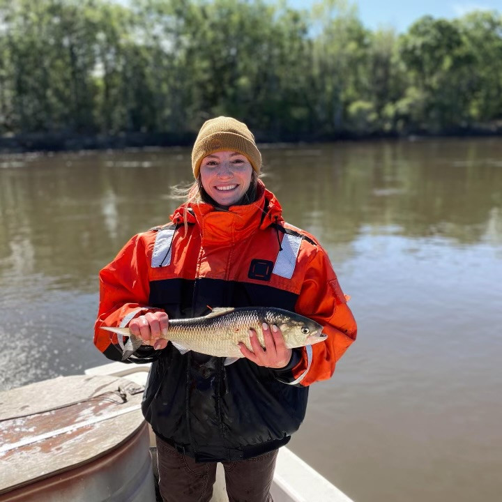 Here, Bridgette is holding an American shad on a boat in a muddy river. She is wearing a tan beaning and a bright orange oversized winter jacket.