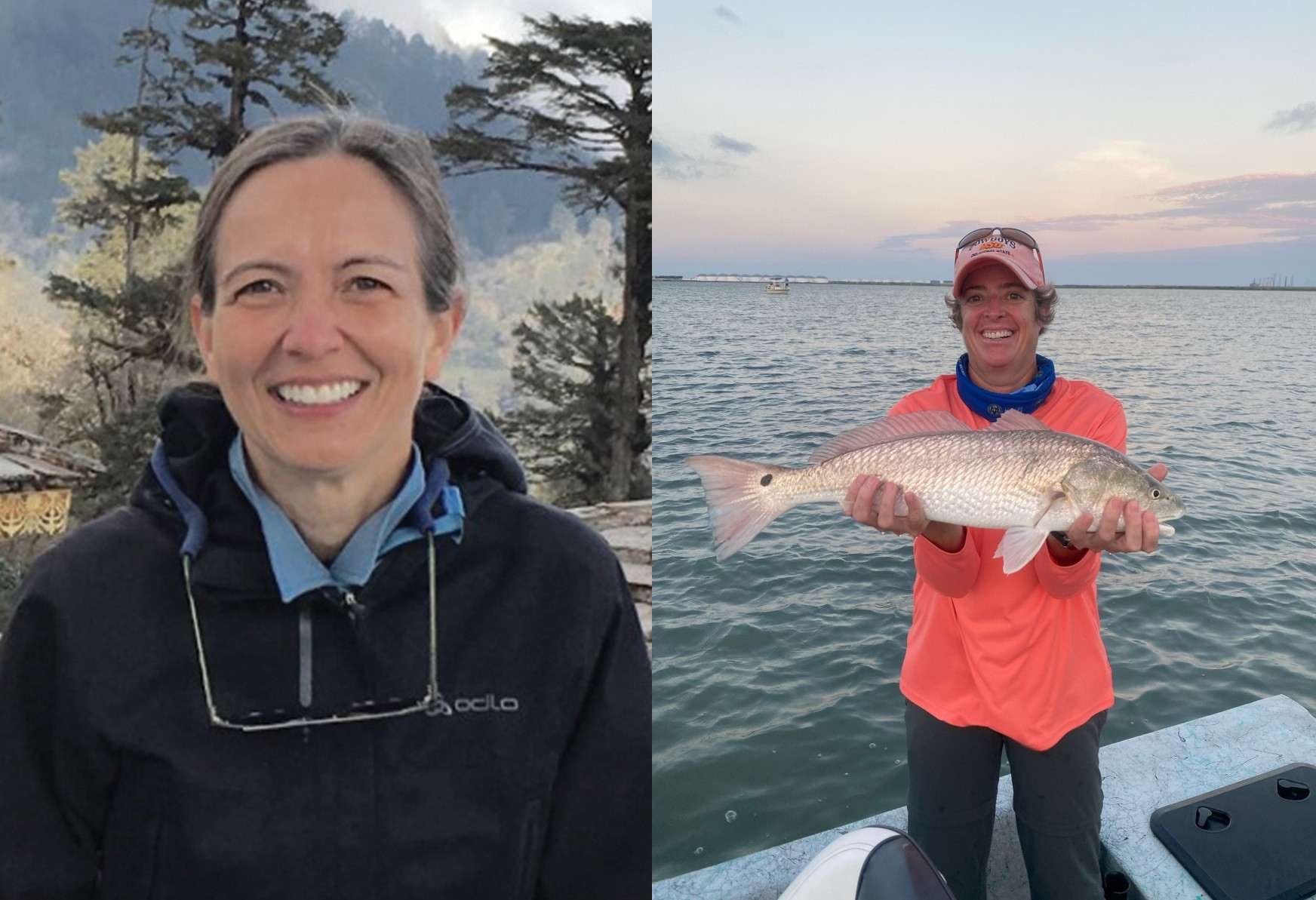 Here there are two photos side-by-side. On the left is Dr. Marlis Douglas, a white woman with graying hair pulled back in a ponytail is smiling at the camera, sitting outside in front of conifer trees with sunglasses hanging around her neck and a black jacked over a blue collared shirt. On the right is Lori Martin, a white woman with short hair under a light pink ballcap. She is standing in a boat on the water holding a large fish (possibly a type of drum?). She is wearing black pants and a bright orange fishing shirt with a blue buff around her neck.