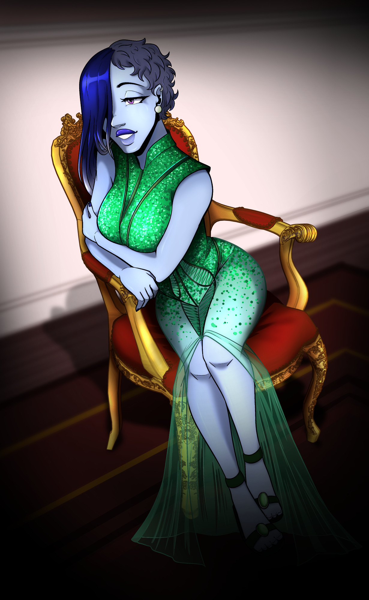 Blue woman with blue hair in a sparkling green dress, sitting on a royal chair