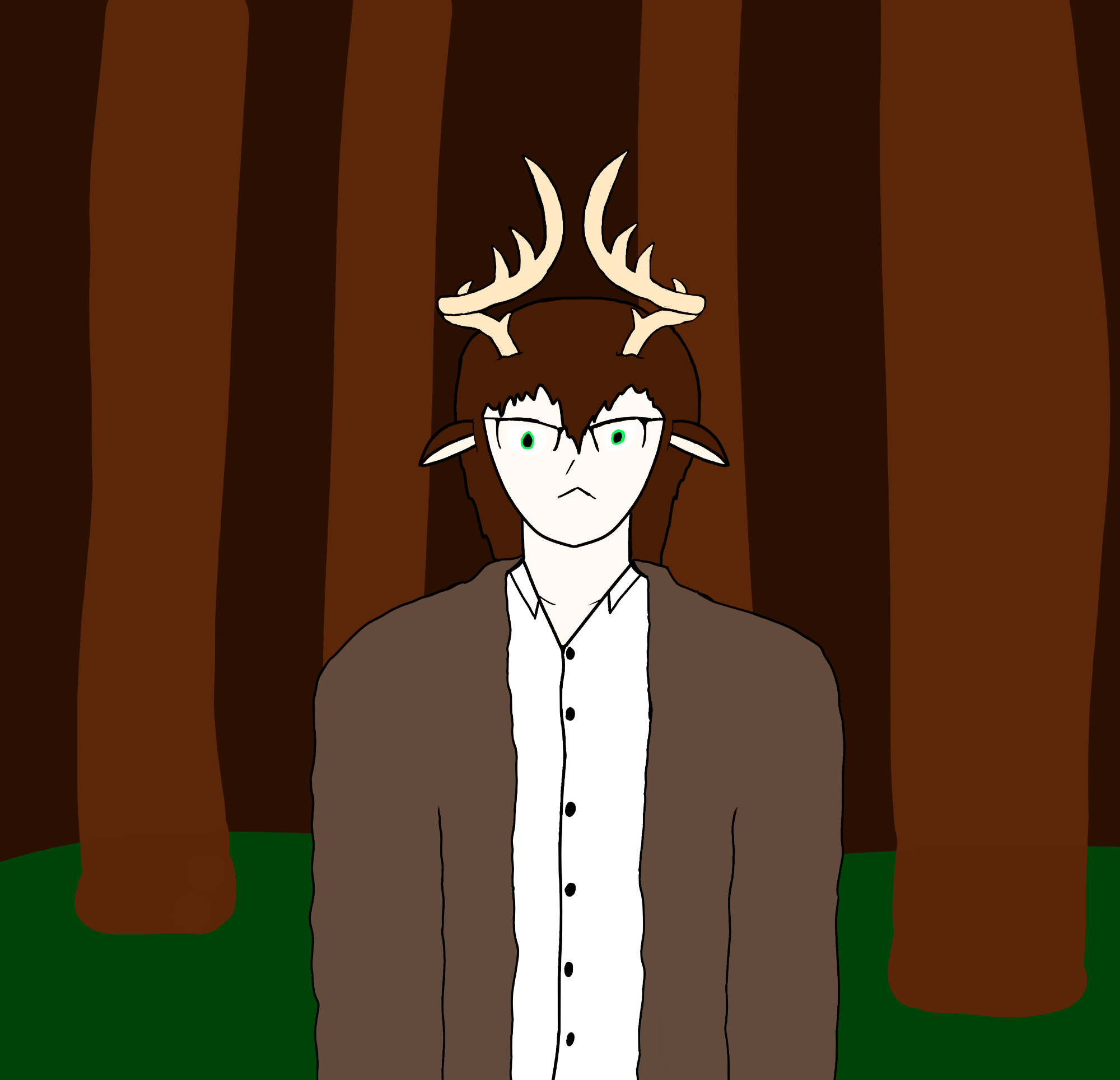 A brown haired green eyed man with deer antlers and ears. He is wearing a white button up shirt under a brown fur coat standing in front of a forest scene.