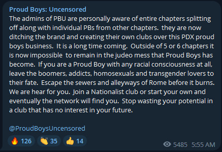 Message from "Proud Boys Uncensored" group on Telegram stating that multiple Proud Boy chapters are joining neo-Nazi groups after clashes between a white nationalist group and Proud Boys took place at a Pride protest in Oregon City over the weekend. 