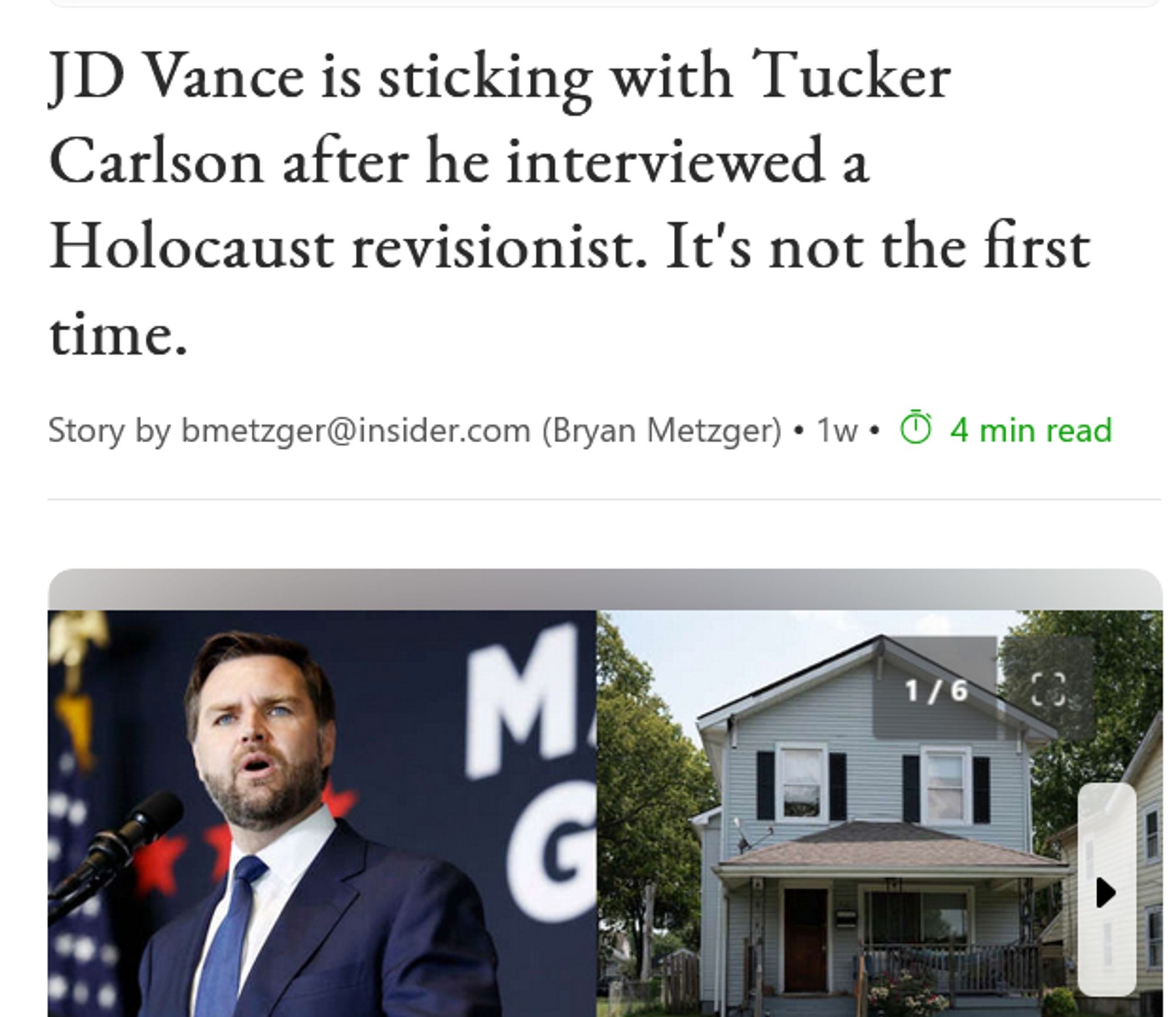 Heading reads: "JD Vance is sticking with Tucker Carlson after he interviewed a Holocaust revisionist. It's not the first time."