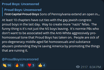 Message from "Proud Boys Uncensored" group on Telegram stating that multiple Proud Boy chapters are joining neo-Nazi groups after clashes between a white nationalist group and Proud Boys took place at a Pride protest in Oregon City over the weekend. 