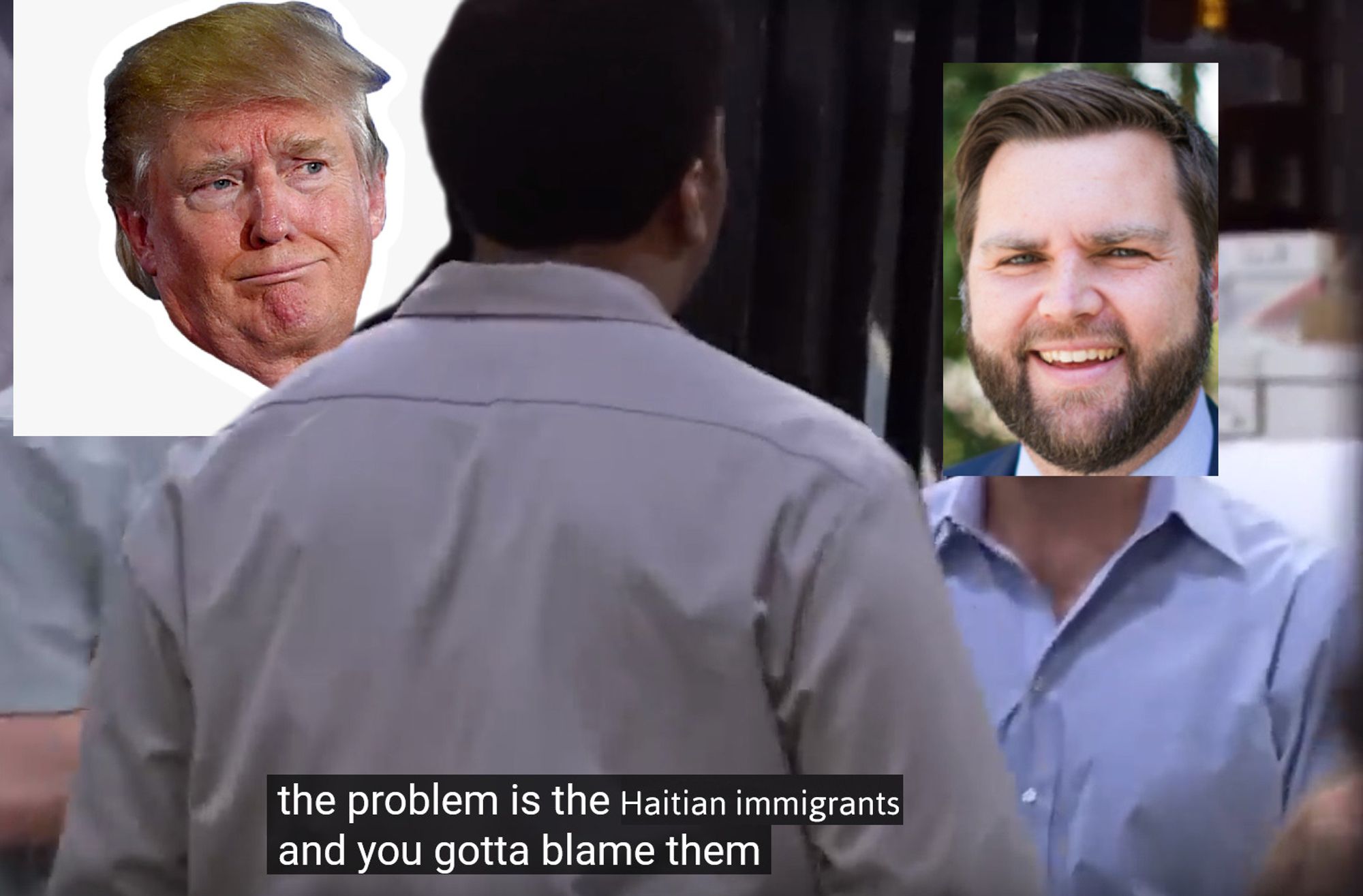 Scene from 'The Office,' with images of JD Vance and Donald Trump placed over the heads of Michael Scott and Dwight. Michael Scott replies to warehouse workers looking to join them in unionizing by attempting to re-direct their anger against "the women." He says, "The problem is the [Haitian immigrants] and you gotta blame them."