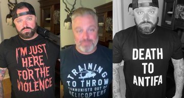 Proud Boy leader Joe Biggs wearing shirts reading, "I"m just here for the violence," "Training to throw communists out of helicopters," and "Death to Antifa."