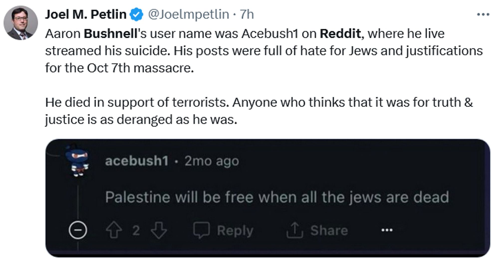 Person sharing fake post, claiming that Aaron Bushnell wanted "all the jews...dead..."