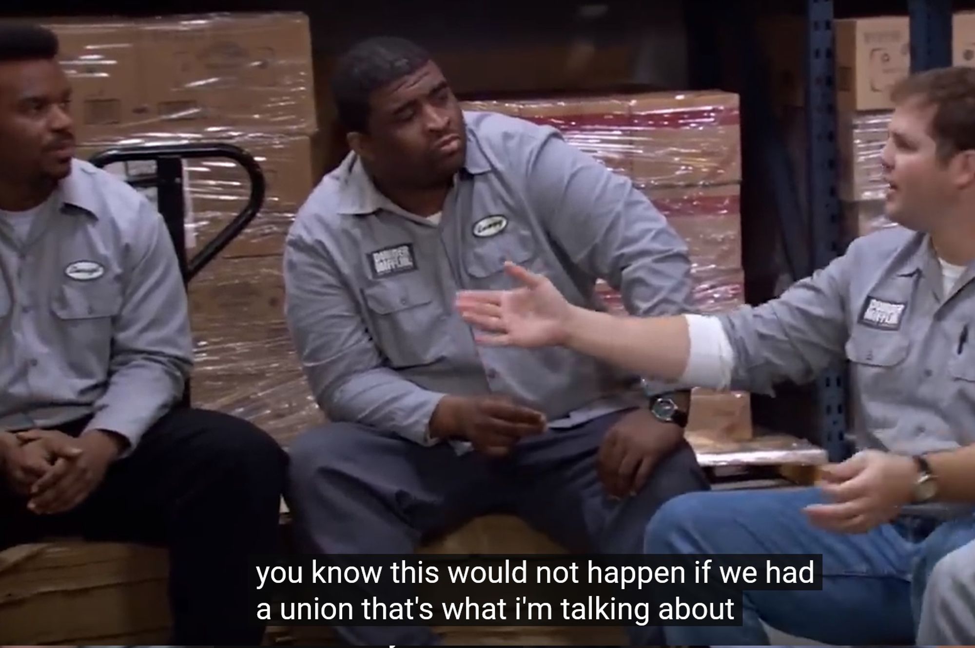 Scene from 'The Office,' where workers in the warehouse talk about forming a union to better their pay and conditions, saying, "You know, this would not happen if we had a union." "That's what I'm talking about."