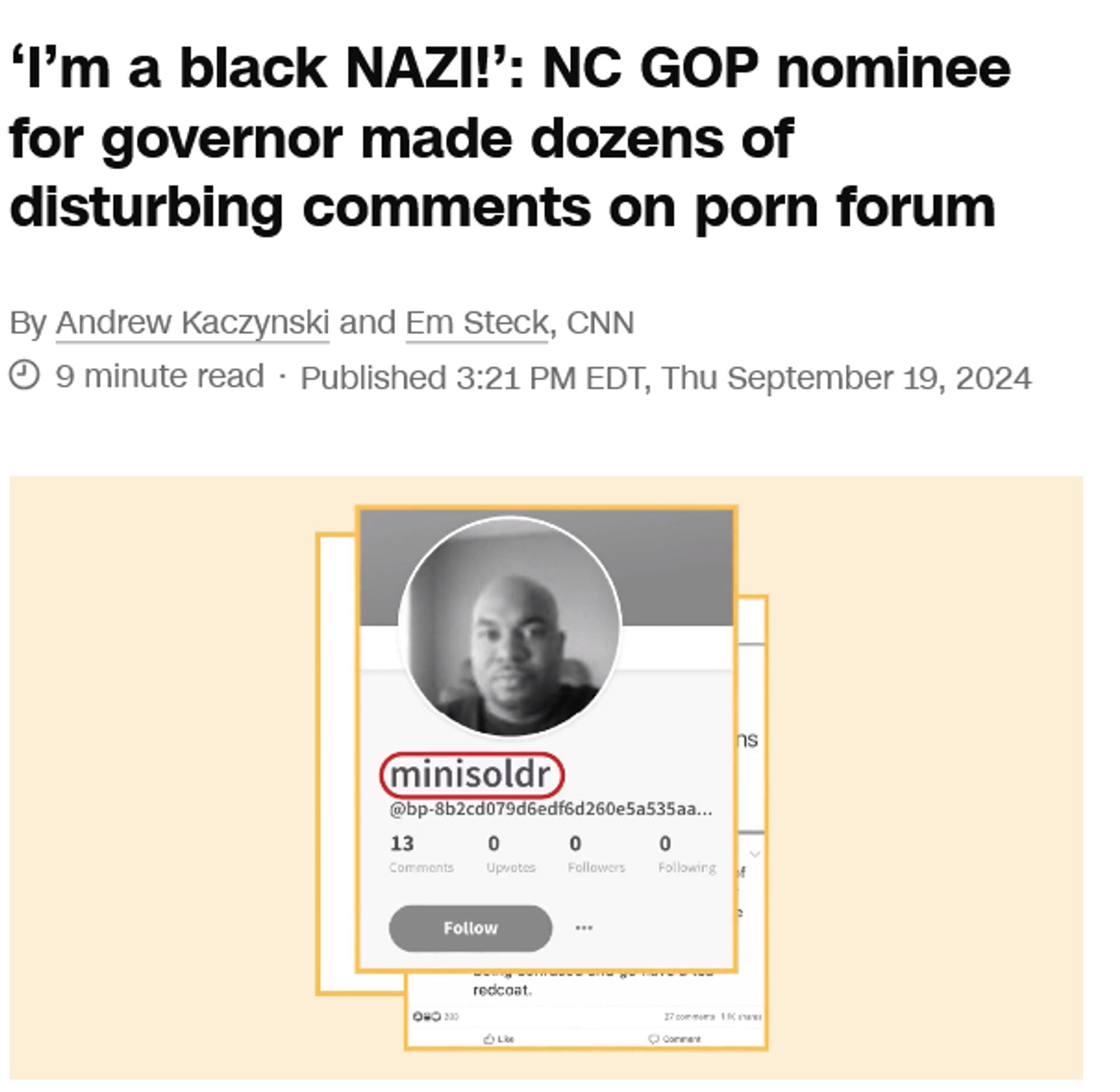 Heading reads: "I"m a Black Nazi!" NC GOP Nominee For Governor Made Dozens of Disturbing Comments on Porn Forum"