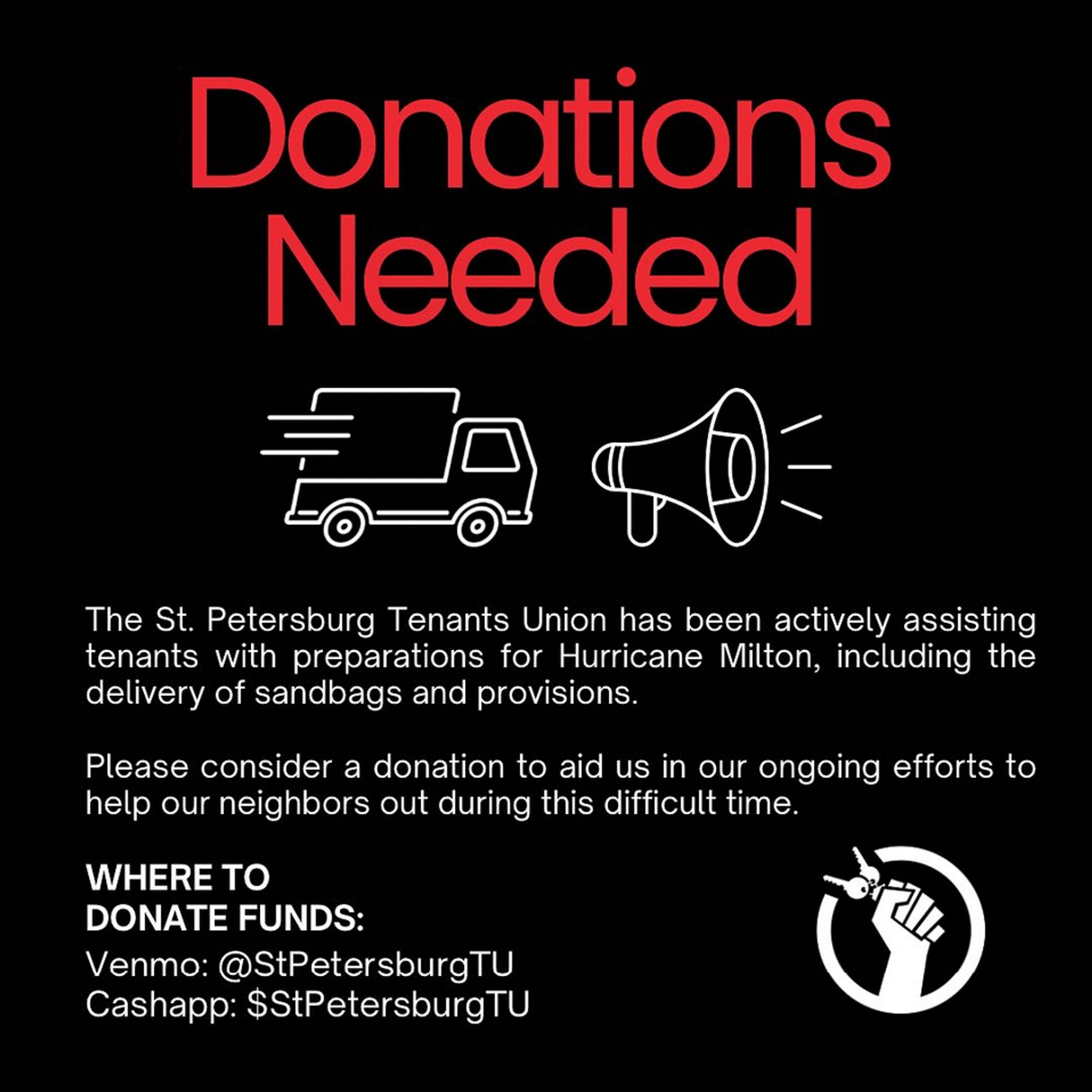 Image for the St. Petersburg Tenants Union asking for donations.