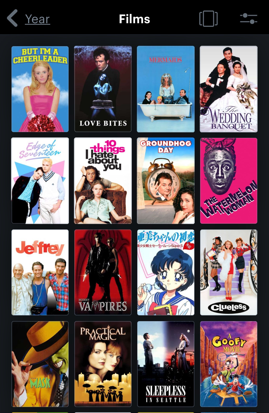 But I’m a cheerleader , Love Bites, Mermaids, The Wedding Banquet , The edge of 17, 10 things I hate about you, vampires, Sailor Moon Super S Ami’s First Love, Clueless, Mask, Practical Magic, Sleepless in Seattle, A Goofy Movie