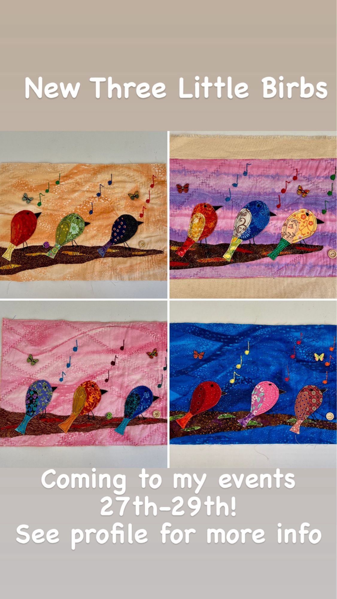 Three Little Birbs fabric artwork