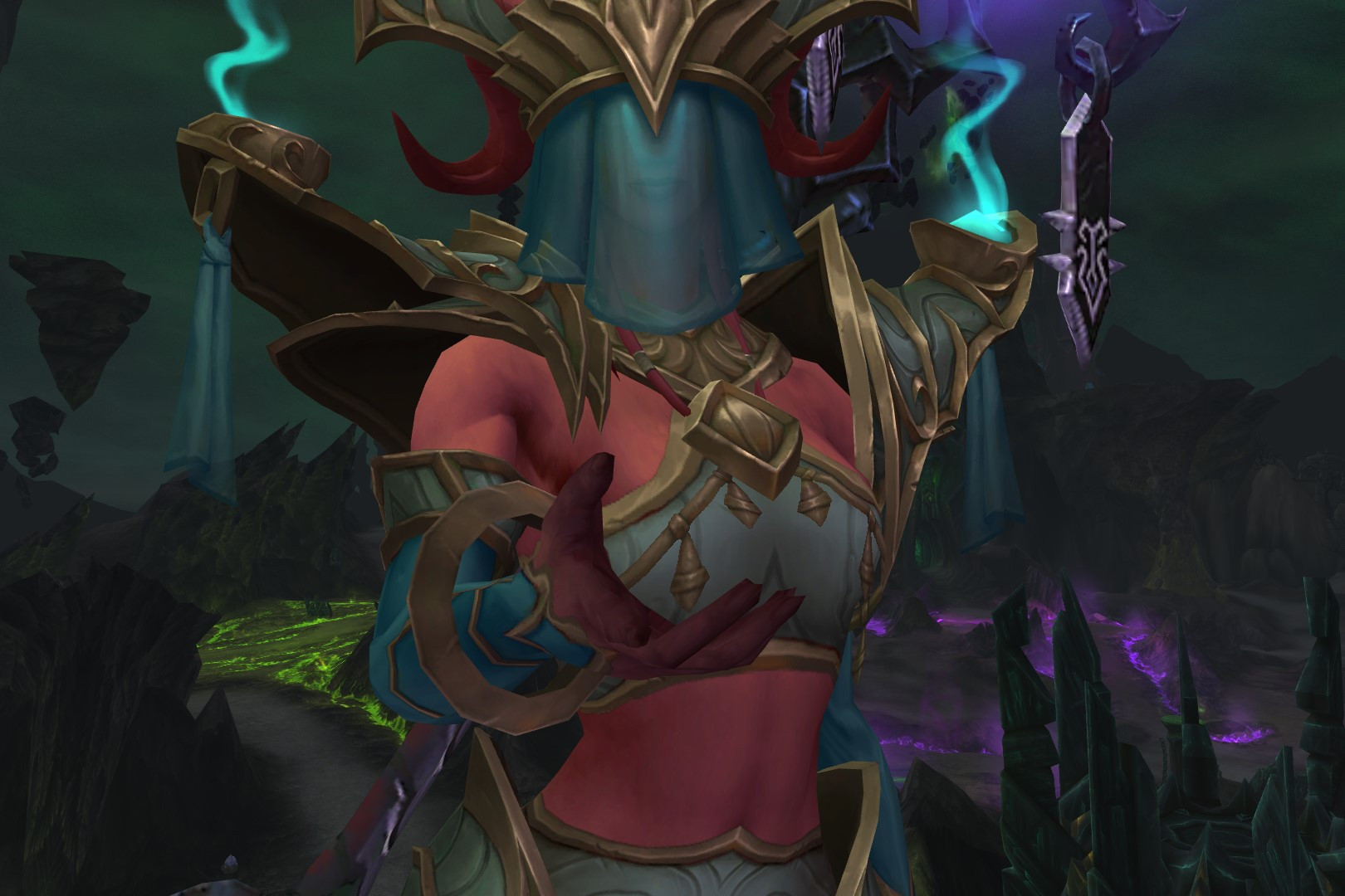 Demuuna, Eredar Warlock, stands dressed in full warlock regalia. Her face is veiled to hide her true intent as she holds out a hand to the viewer.