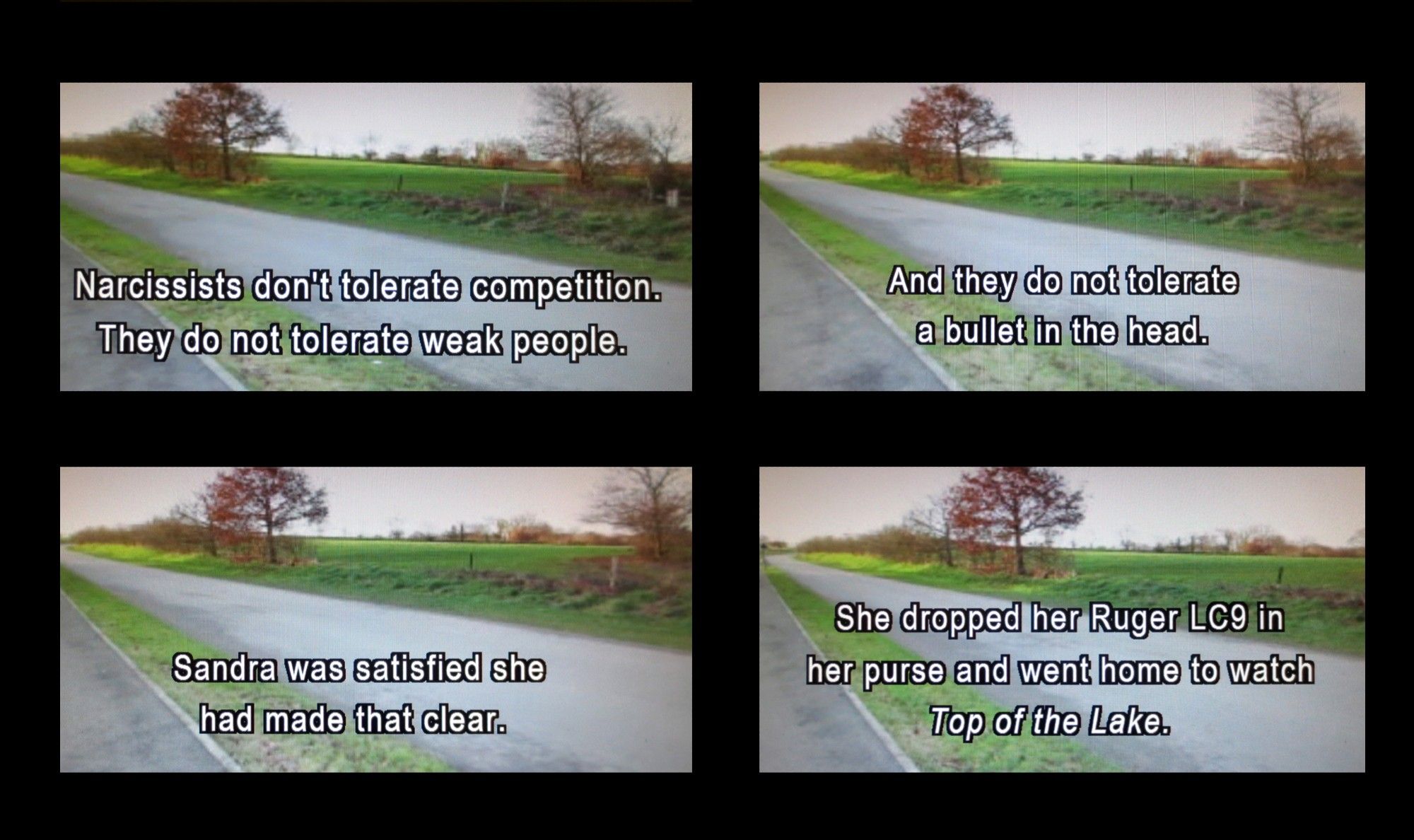 Image consisting of a block of four panes. On the panes you see a small road bordered by stretches of grass and trees. There's a bit of text on each panel. The four texts read: Narcissists don't tolerate competition. They do not tolerate weak people. And they do not tolerate a bullet in the head. Sandra was satisfied she had made that clear. She dropped her Ruger LC9 in her purse and went home to watch 'Top of the Lake'.

Sandra is a psychopath with a heart.