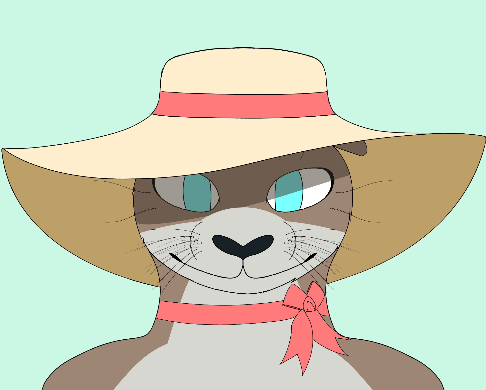 Depicted is a headshot of Humility. She resembles an anthro otter with brown fur and a grey-ish underbelly and lower face. Her eyes are a light blue.

She wears a wide-brimmed sunhat, with a salmon pink ribbon on the upper part. The same color of ribbon is also tied around her neck.

She smiles kindly at the viewer, face half shaded by her hat.