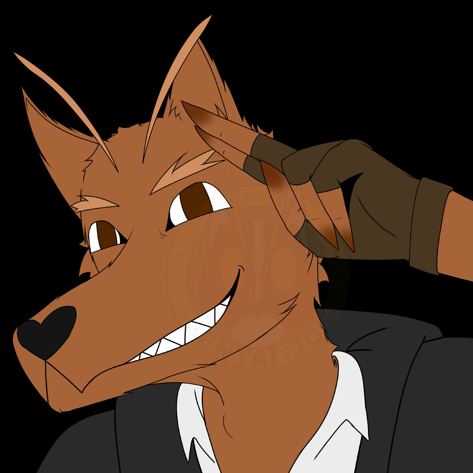 Depicted is a headshot of Katsuo, an inugami mechanic. He resembles an anthro Kai Ken, minus the brindle fur markings for simplicity. His fur is practically a chocolate brown, with darker brown eyes, and lighter brown eyebrows.

Two long strands of fur that are the same color as his eyebrows extend from his forehead, resembling antennae. They are not antennae, he just styles them like that.

He smirks confidently at the viewer while he gives a two finger salute of greeting.