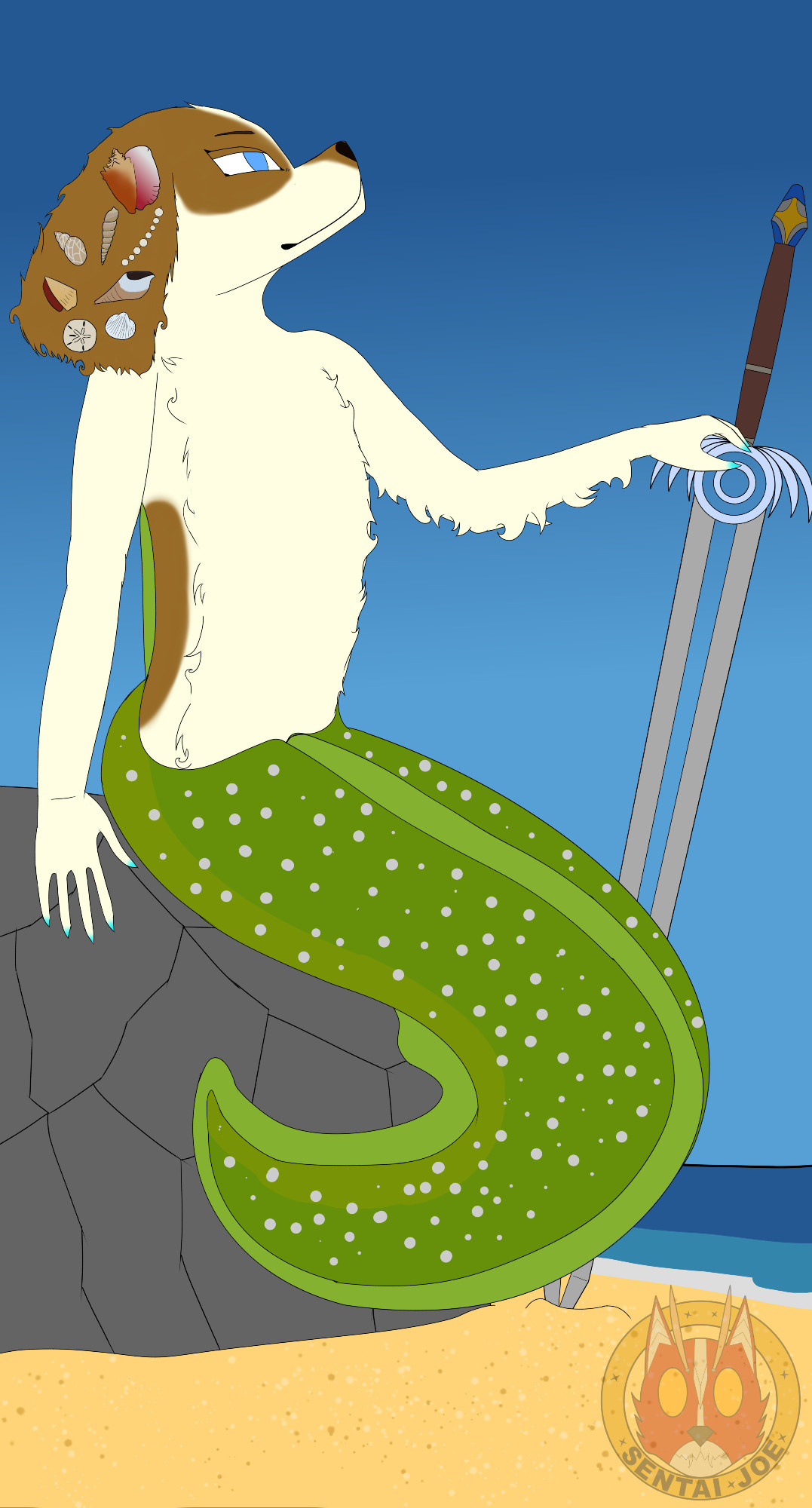 Picture of the previous incarnation of Temperance. She resembles an anthromorphic English Water Spaniel but with an eel-like mermaid tail. Her eyes are blue, which are gazing upwards toward the sky. Her large, floppy ears have various sea shells attached to them. Her fingertips are tinged a cool blue.

She sits upon a rock on a beach, a hand resting lightly on the guard of her blade, which is just barely stuck into the ground at a tilt. She smiles serenely.