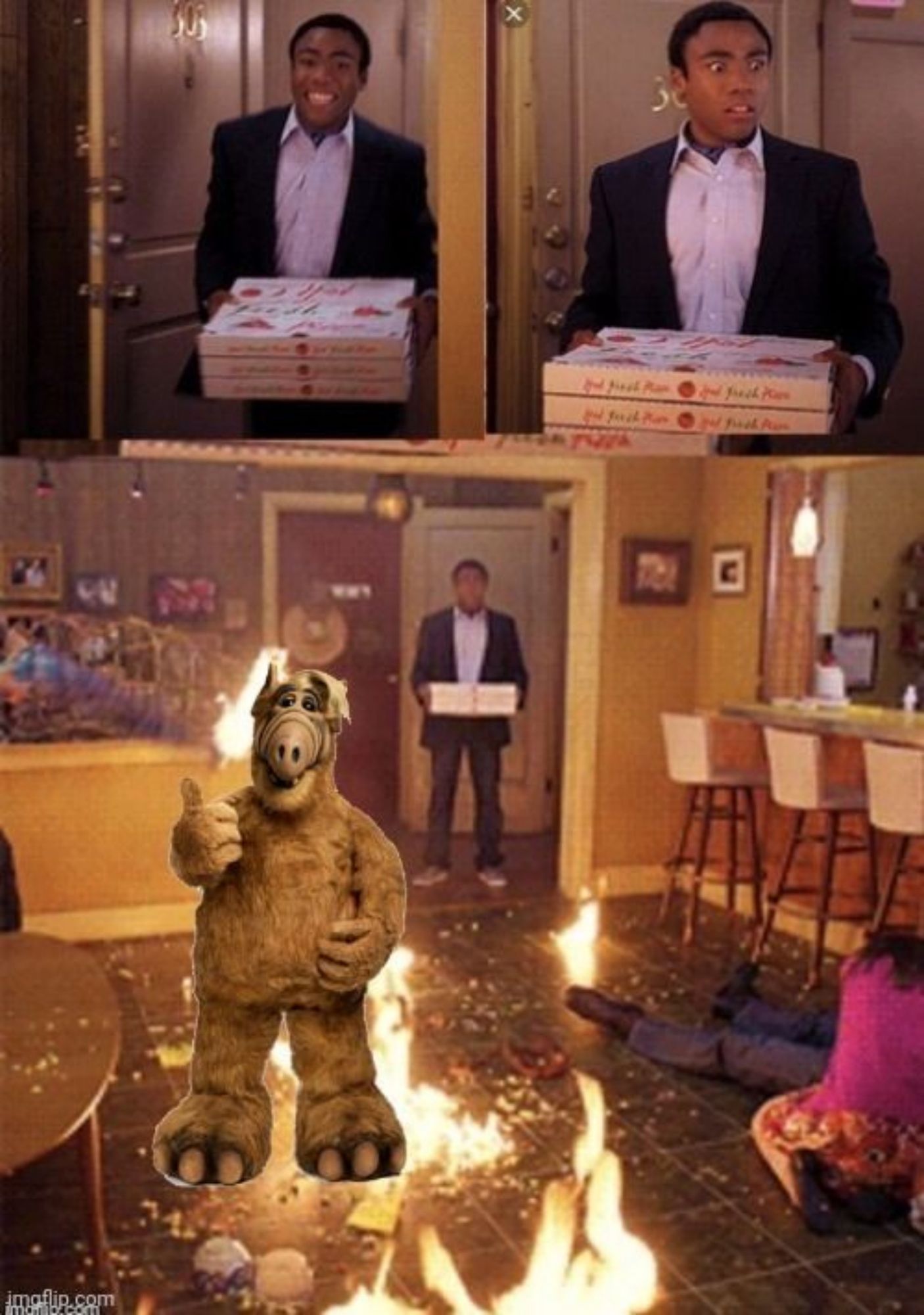 Meme from Community where Troy returns to a burning room after leaving to get pizza. Alf has been photoshopped into the burning room.