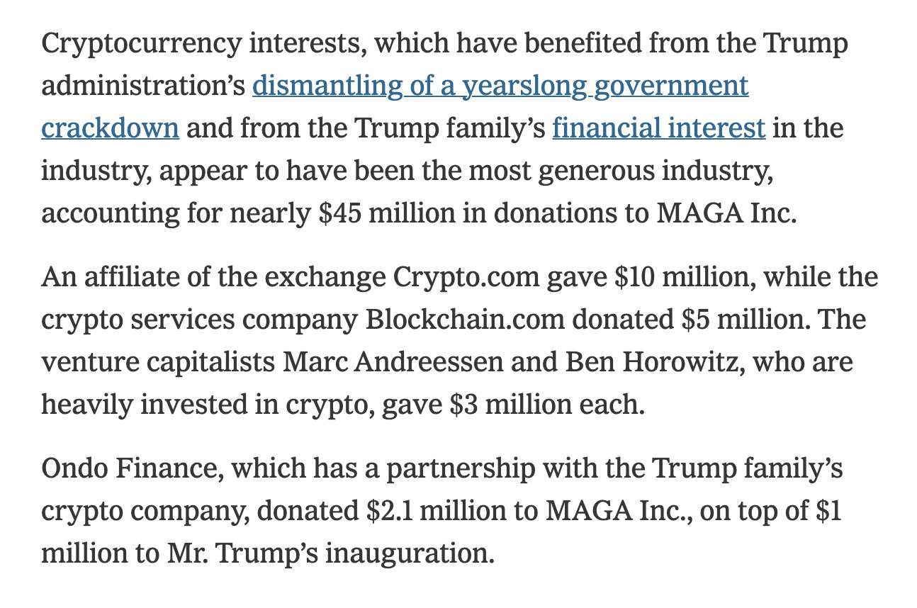 Cryptocurrency interests, which have benefited from the Trump administration’s dismantling of a yearslong government crackdown and from the Trump family’s financial interest in the industry, appear to have been the most generous industry, accounting for nearly $45 million in donations to MAGA Inc.An affiliate of the exchange Crypto.com gave $10 million, while the crypto services company Blockchain.com donated $5 million. The venture capitalists Marc Andreessen and Ben Horowitz, who are heavily invested in crypto, gave $3 million each. Ondo Finance, which has a partnership with the Trump family’s crypto company, donated $2.1 million to MAGA Inc., on top of $1 million to Mr. Trump’s inauguration.