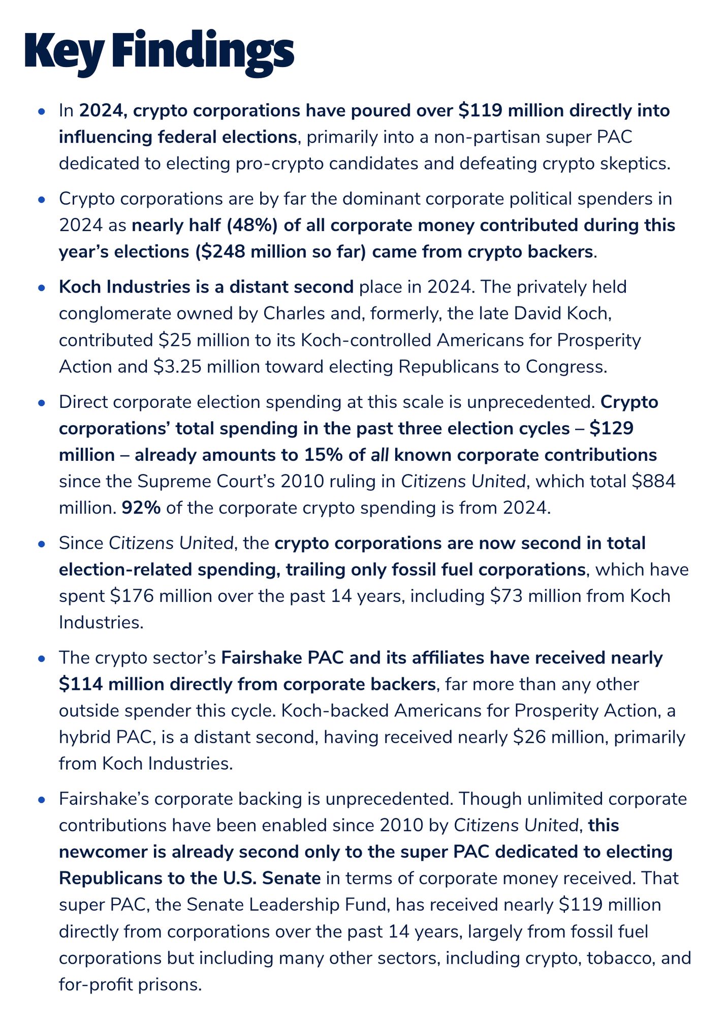 Key Findings In 2024, crypto corporations have poured over $119 million directly into influencing federal elections, primarily into a non-partisan super PAC dedicated to electing pro-crypto candidates and defeating crypto skeptics. Crypto corporations are by far the dominant corporate political spenders in 2024 as nearly half (48%) of all corporate money contributed during this year’s elections ($248 million so far) came from crypto backers. Koch Industries is a distant second place in 2024. The privately held conglomerate owned by Charles and, formerly, the late David Koch, contributed $25 million to its Koch-controlled Americans for Prosperity Action and $3.25 million toward electing Republicans to Congress. Direct corporate election spending at this scale is unprecedented. Crypto corporations’ total spending in the past three election cycles – $129 million – already amounts to 15% of all known corporate contributions since the Supreme Court’s 2010 ruling in Citizens United, which to