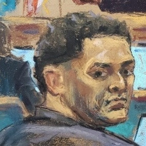 Pastel sketch of Sam Bankman-Fried, head turned to face the artist