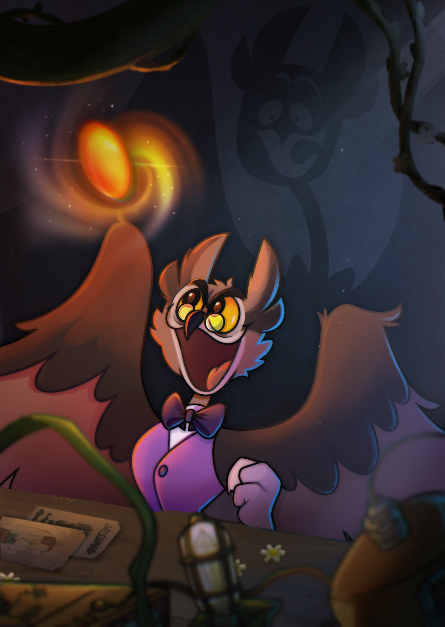 A cartoony brown owl is conducting an experiment on an orange floating gem. He is wearing a purple vest and bow tie. He has small circular glasses, large yellow eyes and thick eyebrows. He looks up at the gem as it floats and glows in front of him. His facial expression is somewhat manic but happy, like a mad scientist at the brink of a great discovery. 

The environment is scattered with machinery powered by magic vegetation. The wires are instead made of vines, the generators powered by flowers.

There is a desk in front of him with two posters. One is a blueprint for a machine, the other is a missing poster. 

The shadow behind the owl is twisted, foreshadowing his eventual fate.