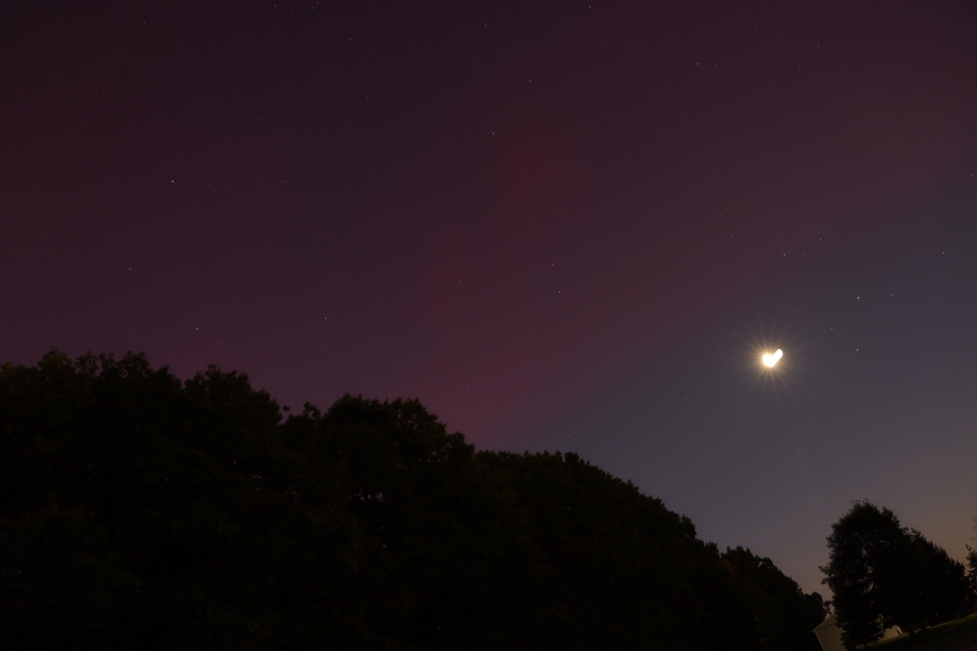 pinkish red aurora forming a distinct line above the bright moon, itself above a dark treeline