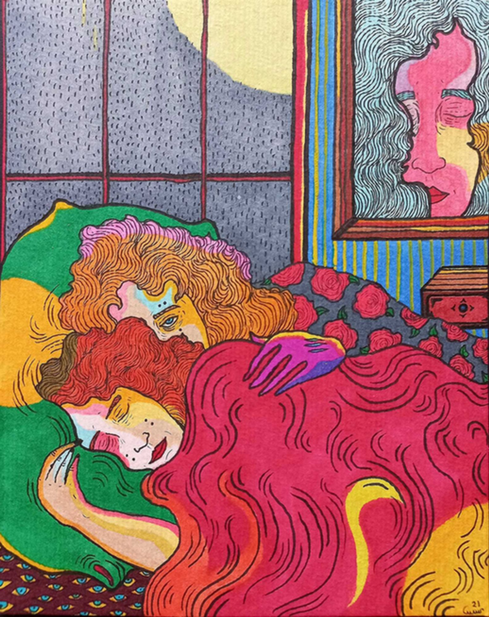 Saturated, inky colors and rich, textural line work fill a portrait of two people in bed. One person is sound asleep. The other gazes at the viewer with one eye. On the wall above them is a framed art piece depicting another face with closed eyes.