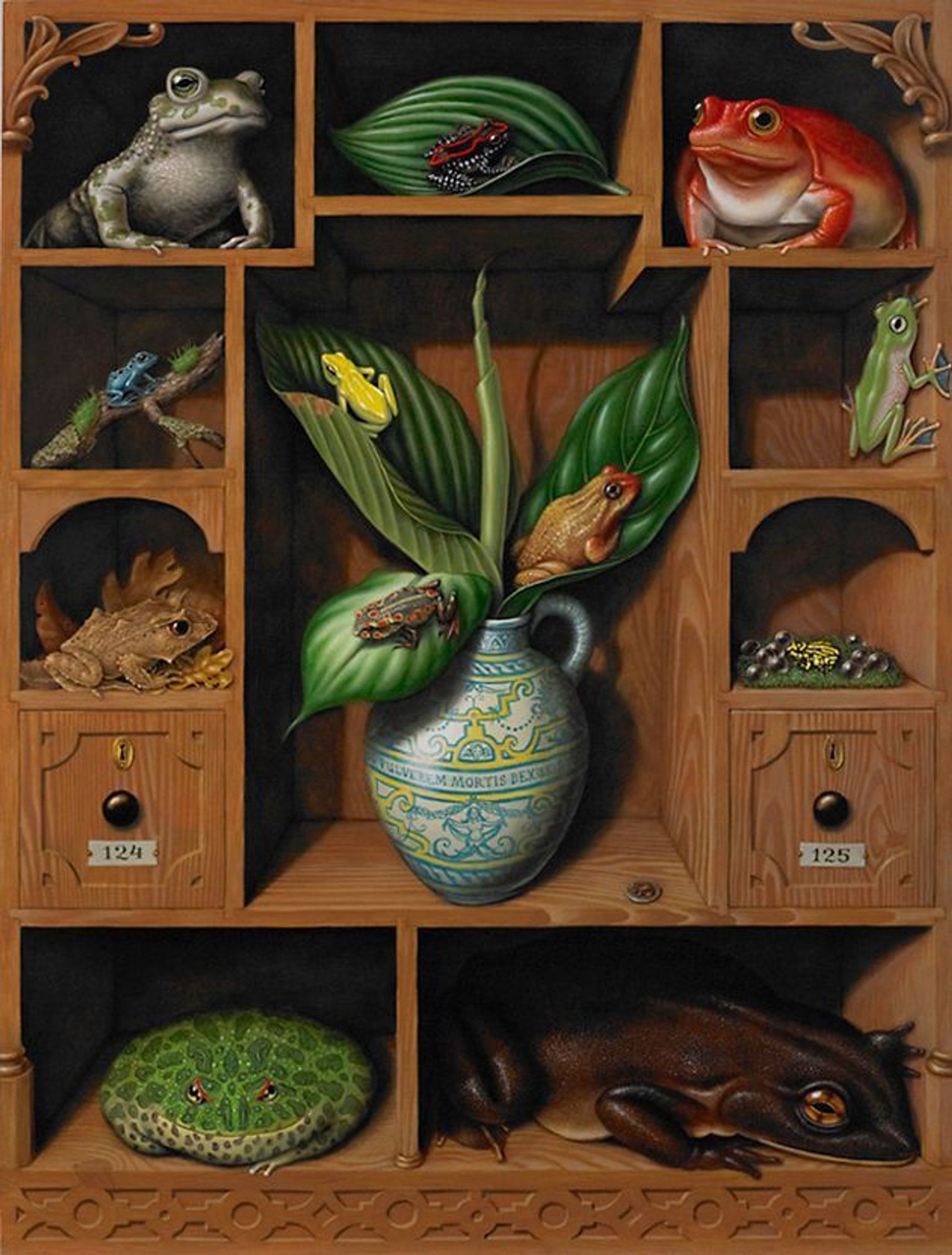 Alt Text: Painting of an ornate wood cabinet housing colorful frogs and toads with mini habitats. In the center, an urn holding a leafy plant with three small frogs reads: “IN PULVEREM MORTIS DEXUSISTI MI.” Flanking the urn are two closed, numbered drawers.