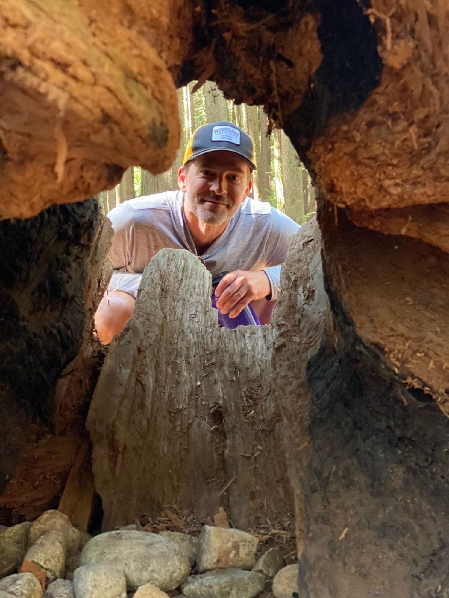 Alt text: A man wears a gray shirt and a yellow and black baseball cap while kneeling down and looking through a hollowed out log.