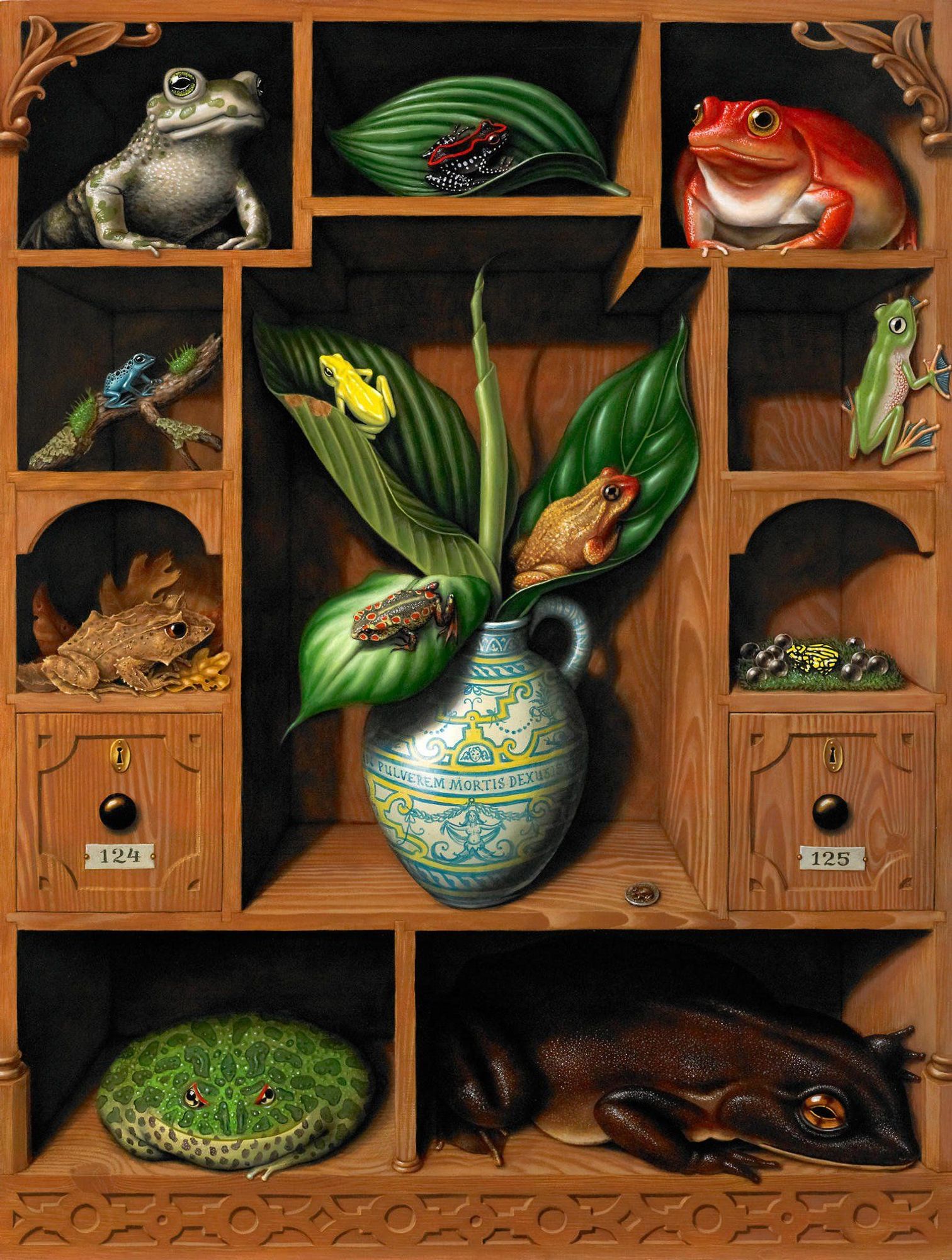 Painting of an ornate wood cabinet housing colorful frogs and toads with mini habitats. In the center, an urn holding a leafy plant with three small frogs reads: “IN PULVEREM MORTIS DEXUSISTI MI.” Flanking the urn are two closed, numbered drawers.