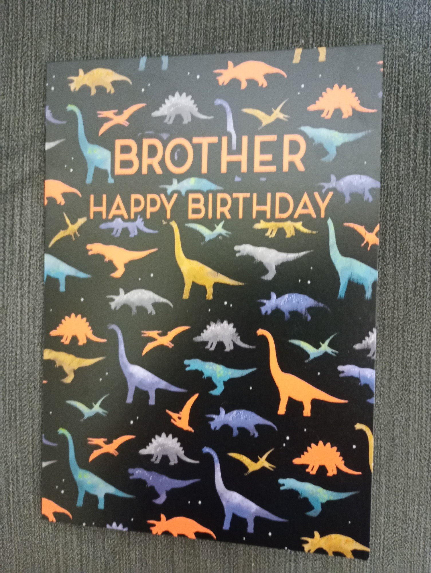 A birthday card covered in dinosaurs that says:
Brother 
Happy Birthday 