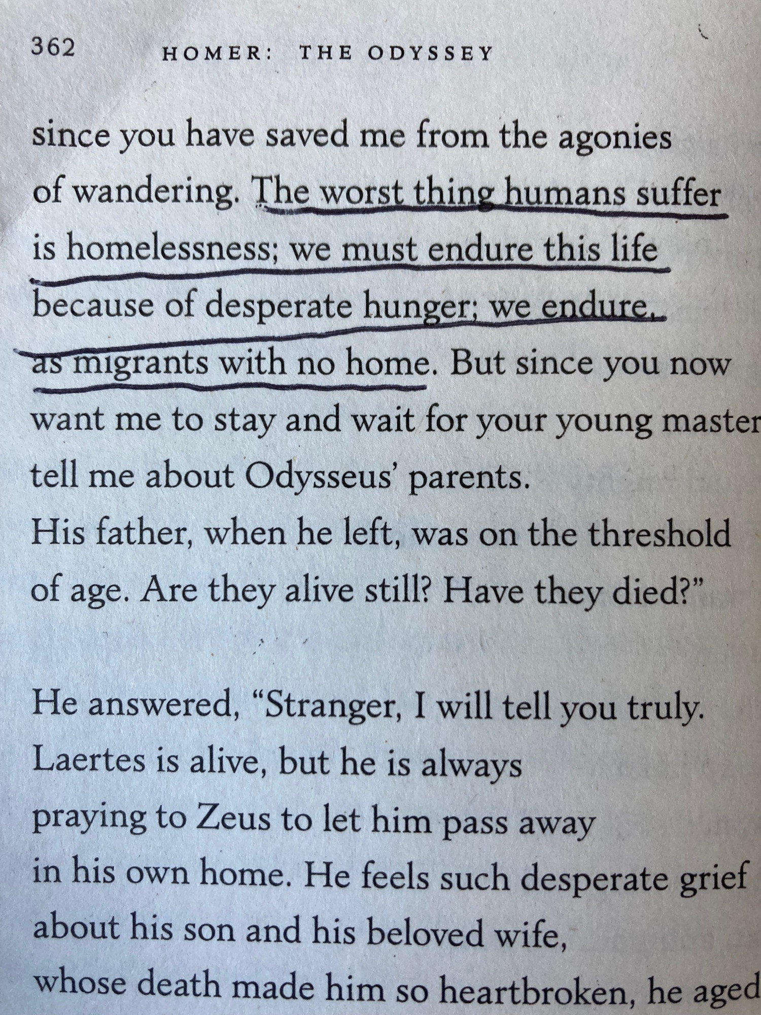 Underlined text from Emily Wilson’s translation of The Odyssey.