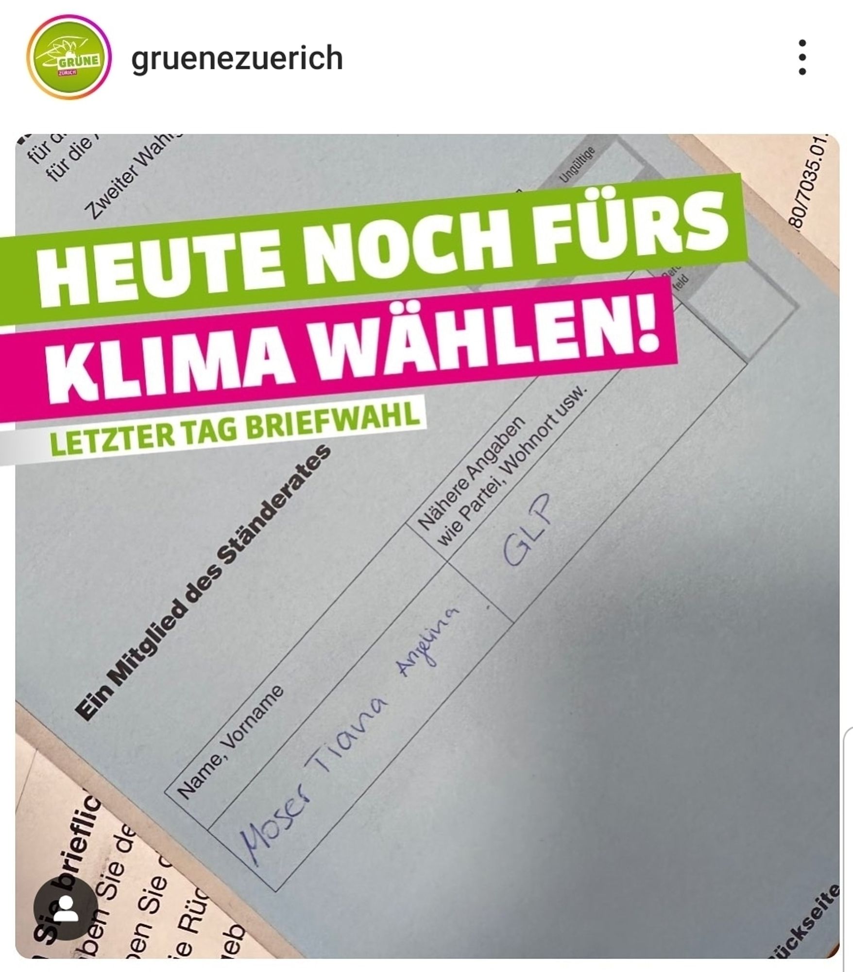 Wahlunterlagenbild auf dem der Namen Tina Moser der Grünliberalen Partei für den Ständerat des Kantons Zürich ausgefüllt ist.