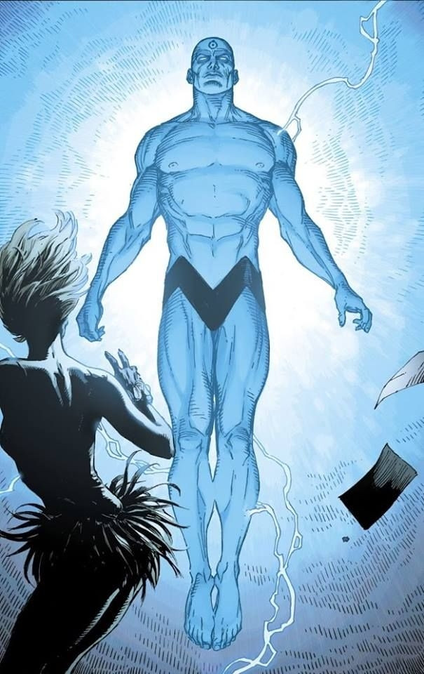 Dr Manhattan floats in the air, lightning crackling off his body and glowing with lines emnating from him in every direction