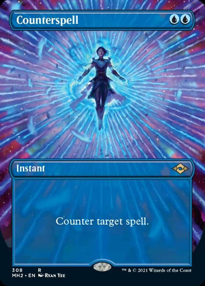 Counterspell, a woman levitates with lines coming off her in all directions in blues and purples