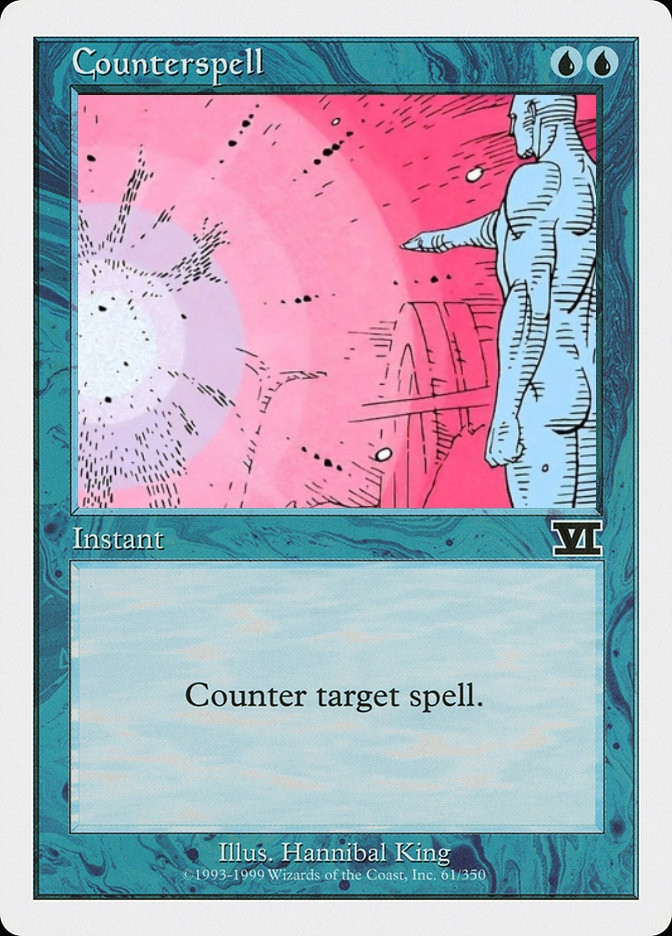 Magic the gathering old bordered card (6th edition) of Counterspell. Two blue mana, Instant: Counter Target Spell

The art image has been replaced with a large, blue man, Dr Manhattan, pointing at a man who explodes into a pink mist.