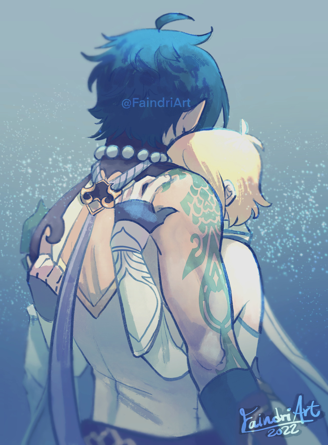 Digital illustration of Xiao and Lumine hugging. Both of their faces are turned away from the camera. The atmosphere is sad and longing.